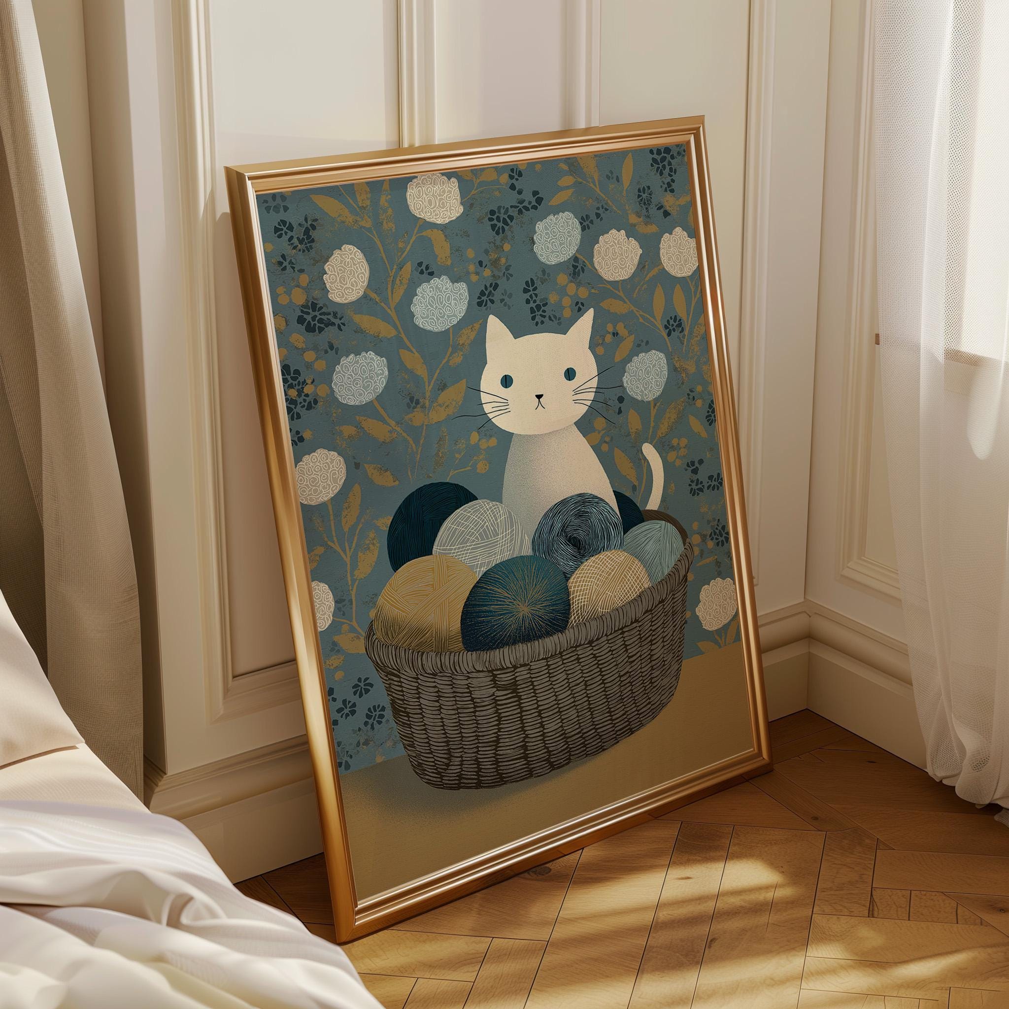 Cat Yarn Basket Knitting Cat Cozy Nursery Wall Art by The Wall Art Studio