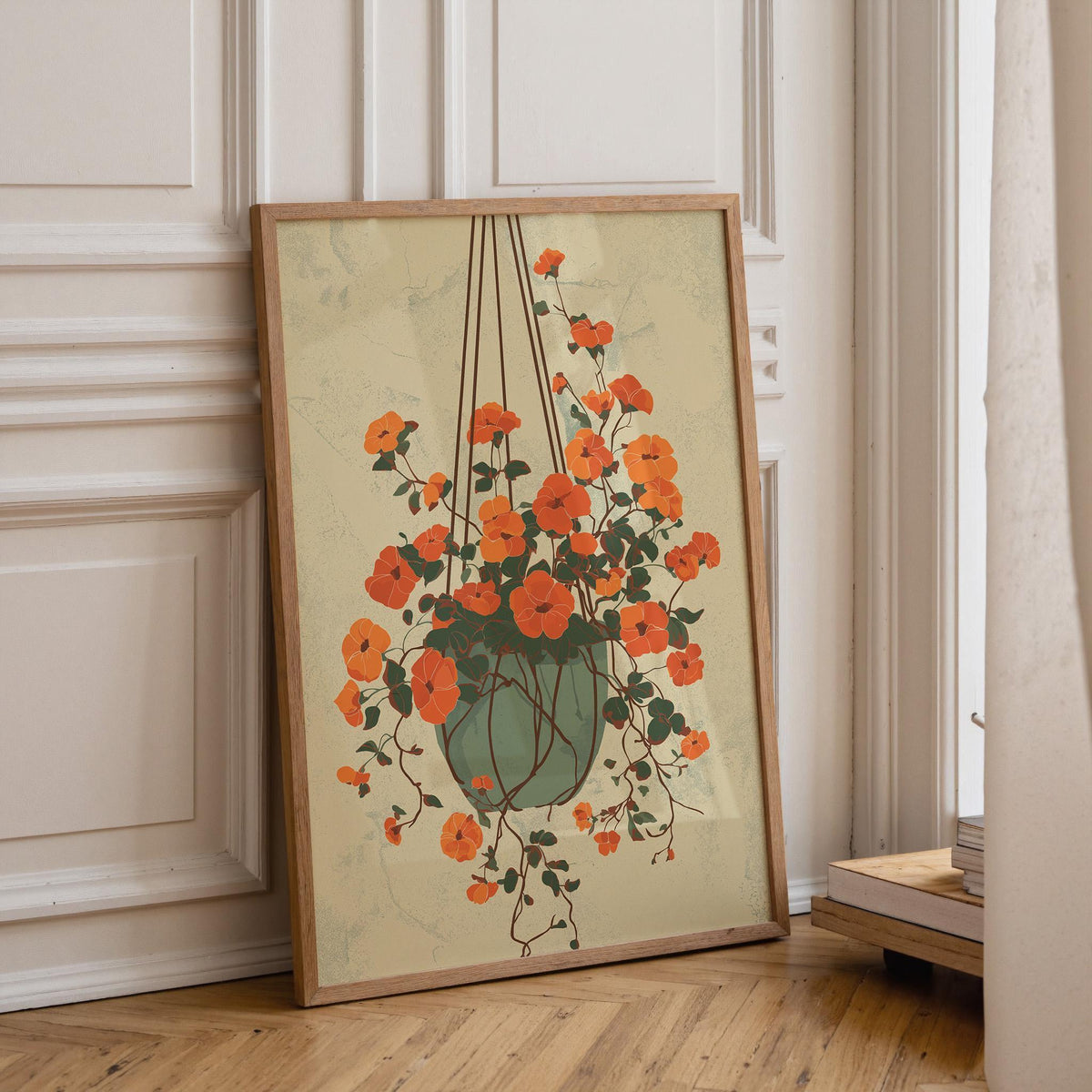 Vintage Hanging Flower Pot etro Orange Floral Mid Century Wall Art