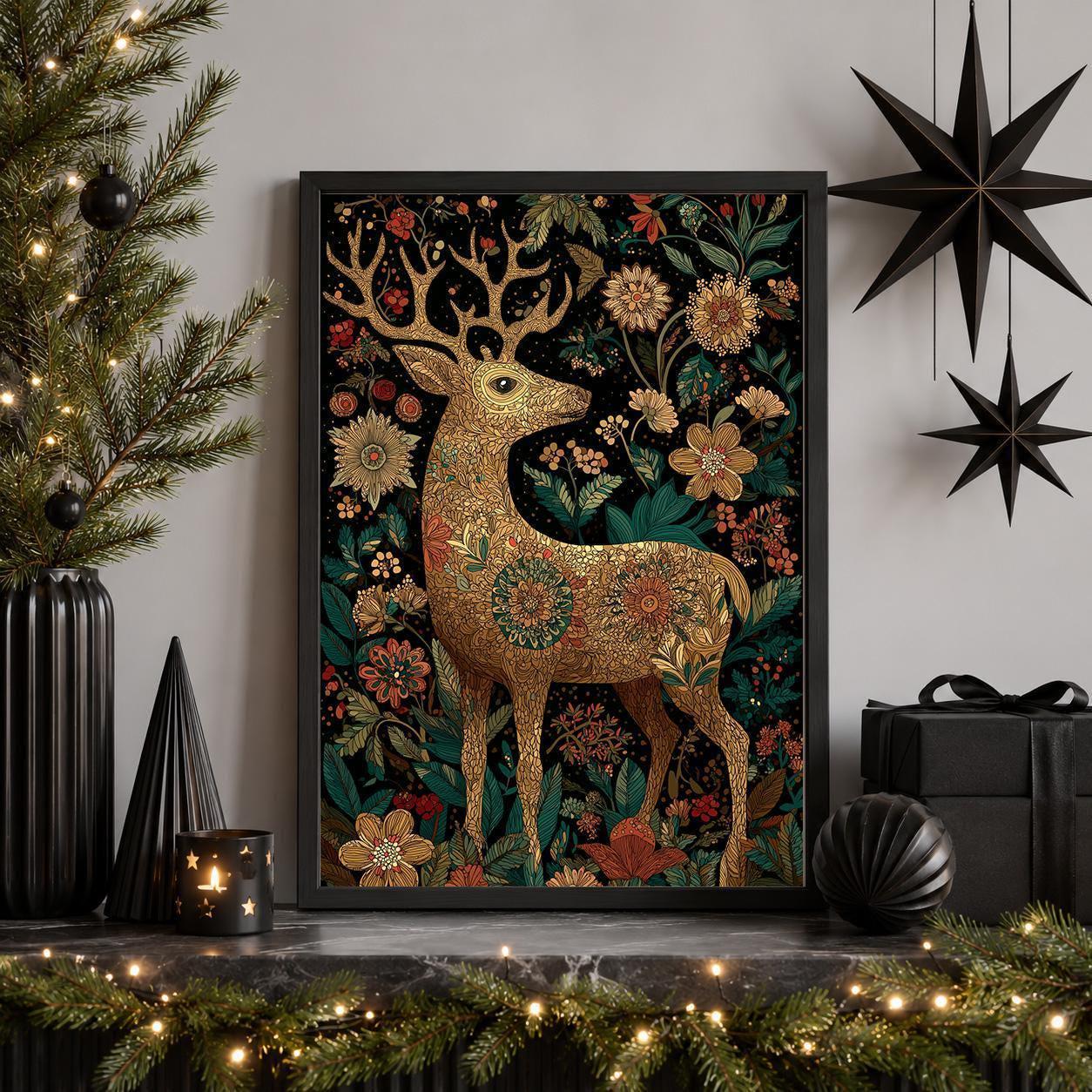 Scandinavian Christmas Nordic Folk Reindeer Wall Art by The Wall Art Studio
