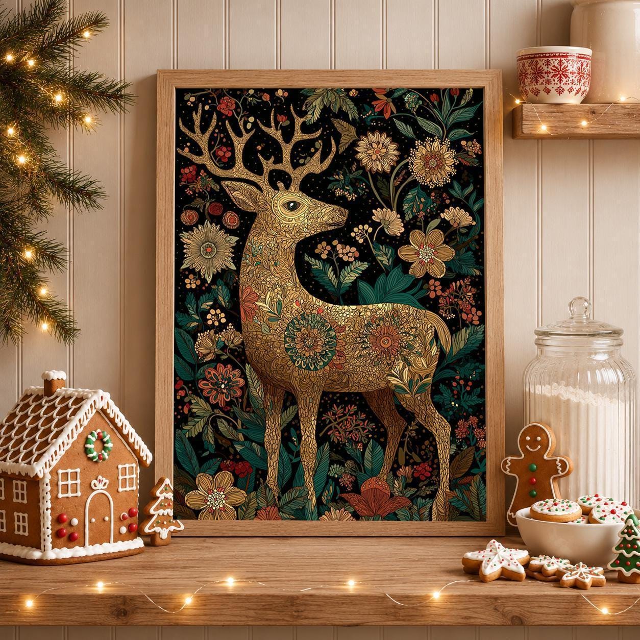 Scandinavian Christmas Nordic Folk Reindeer Wall Art by The Wall Art Studio