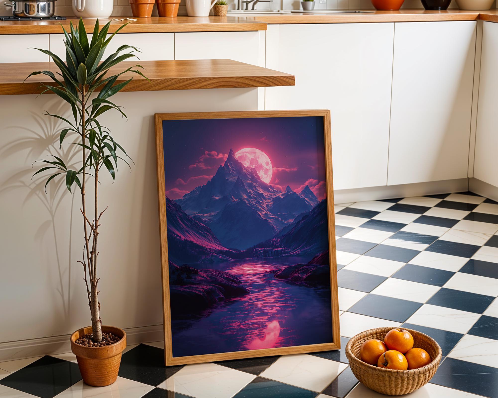 1980s Synthwave Mountain Retro Neon Moon Landscape Wall Art by The Wall Art Studio