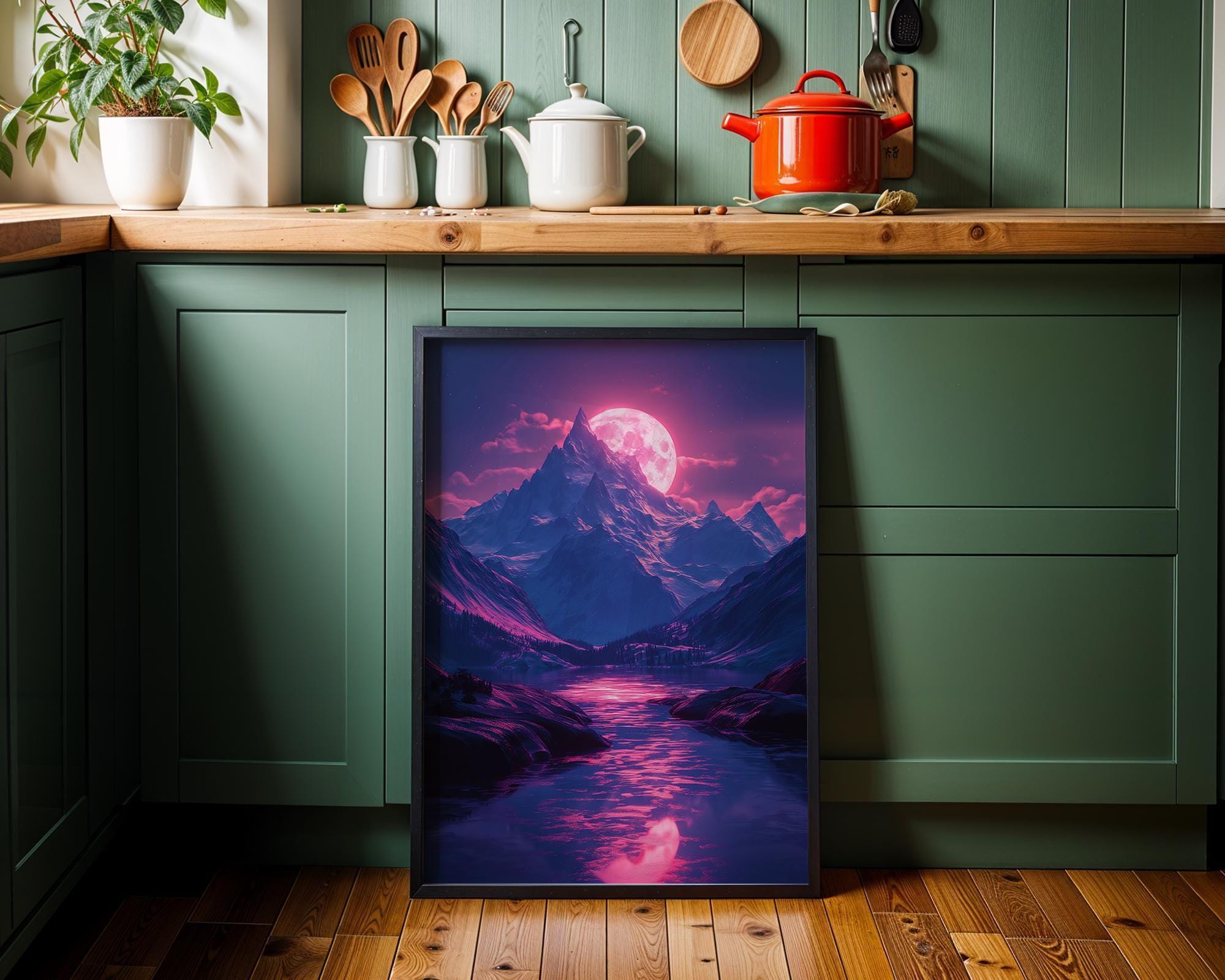 1980s Synthwave Mountain Retro Neon Moon Landscape Wall Art by The Wall Art Studio