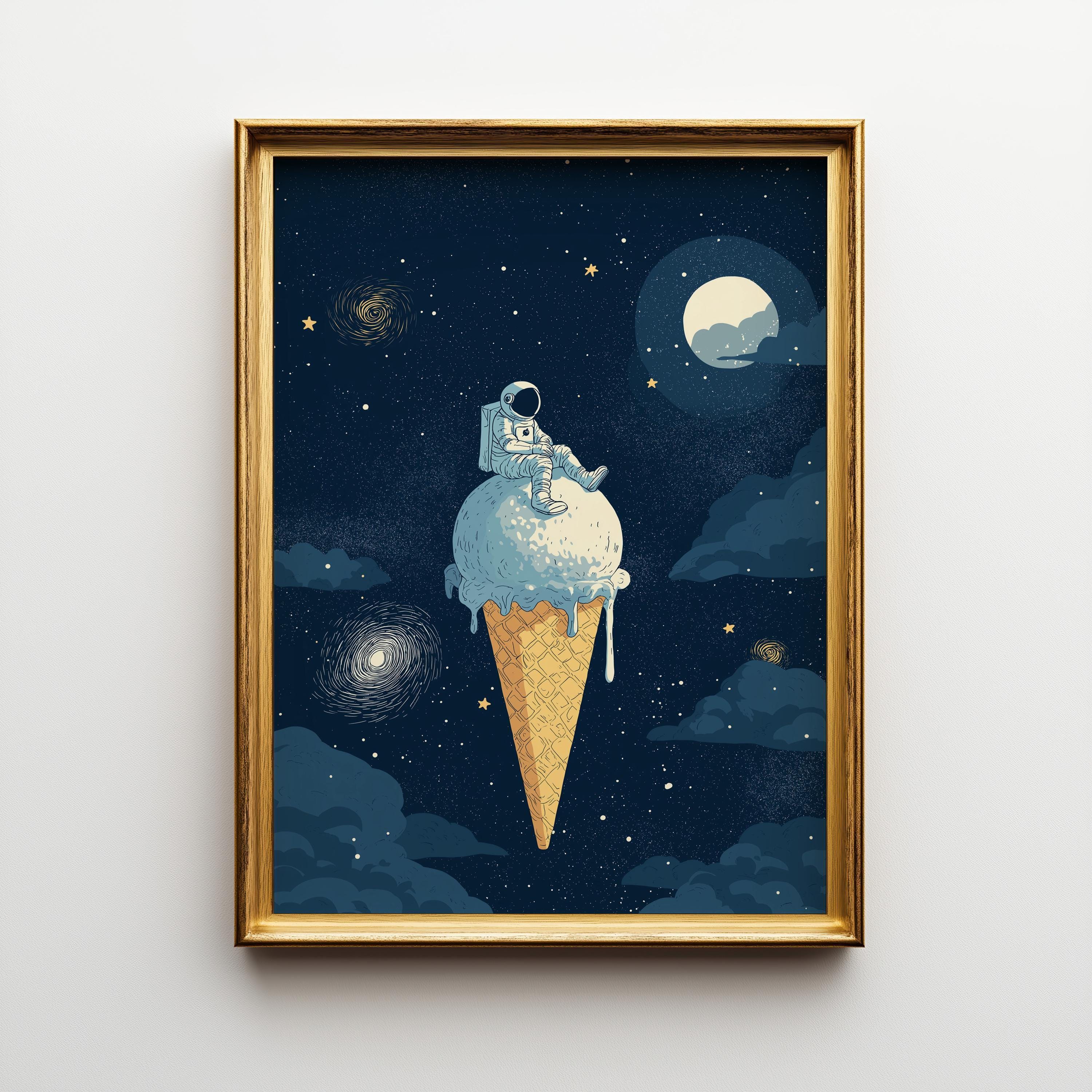 Astronaut Ice Cream Space Cosmic Moon Surreal Galaxy Wall Art by The Wall Art Studio