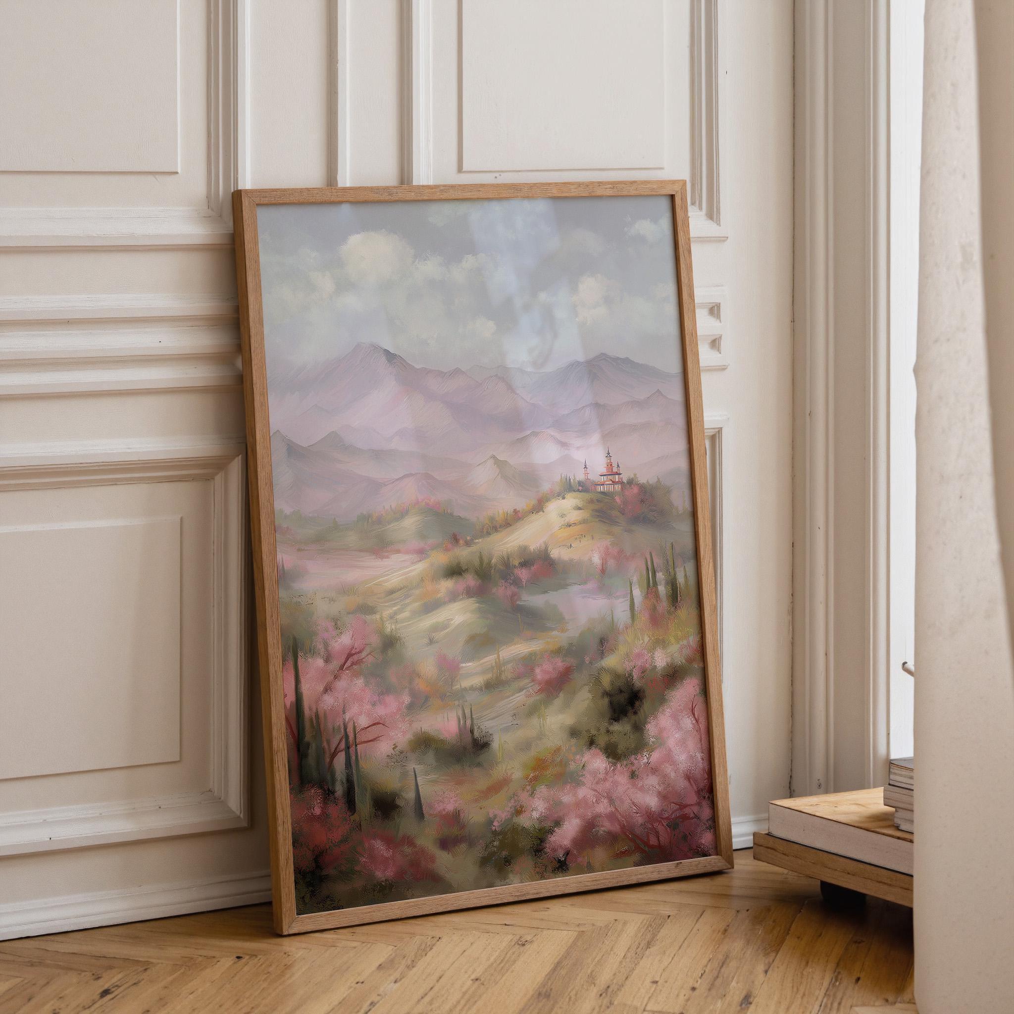 Chinoiserie Landscape Pastel Mountain Scenery Pagoda Wall Art by The Wall Art Studio - physical