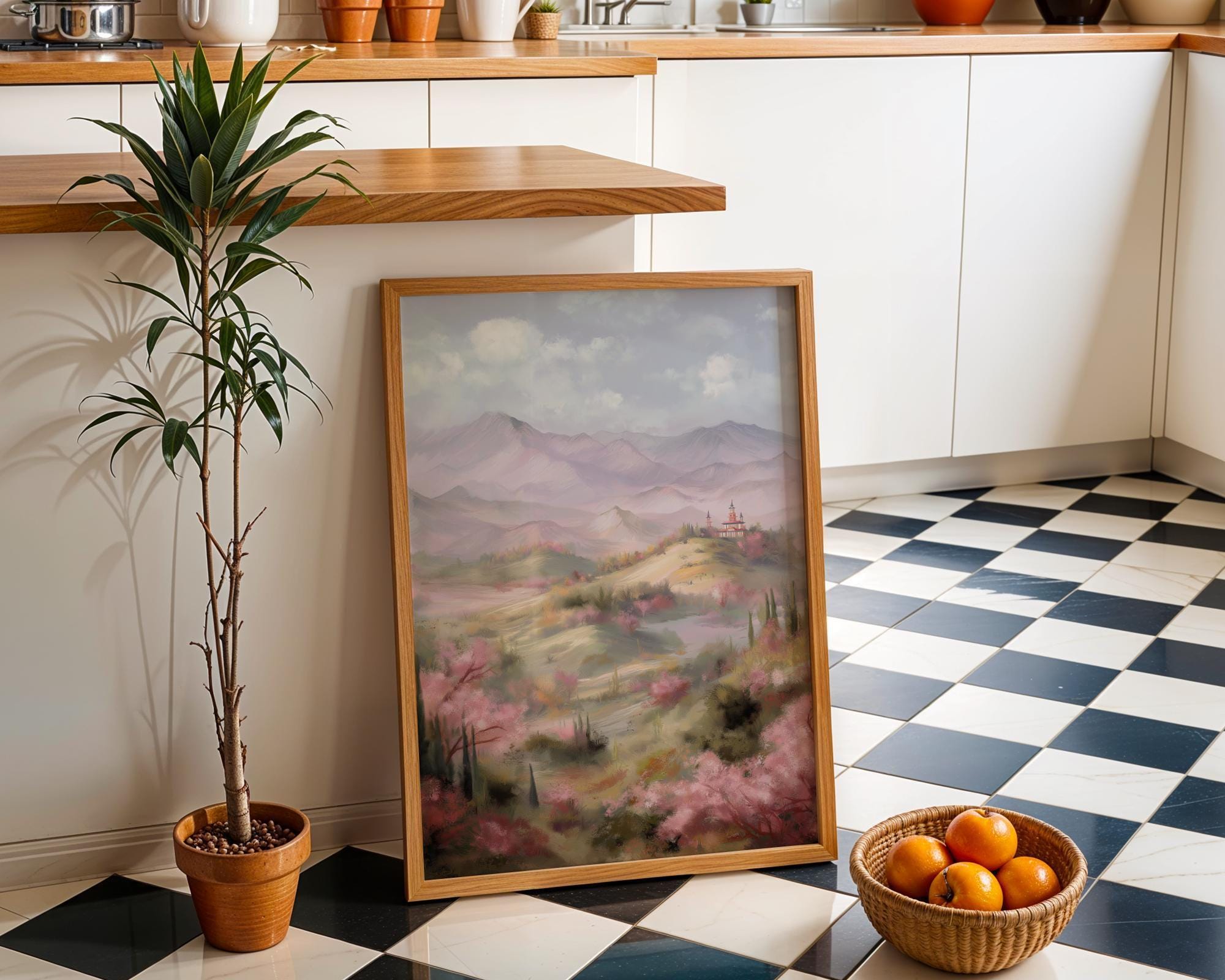 Chinoiserie Landscape Pastel Mountain Scenery Pagoda Wall Art by The Wall Art Studio - physical
