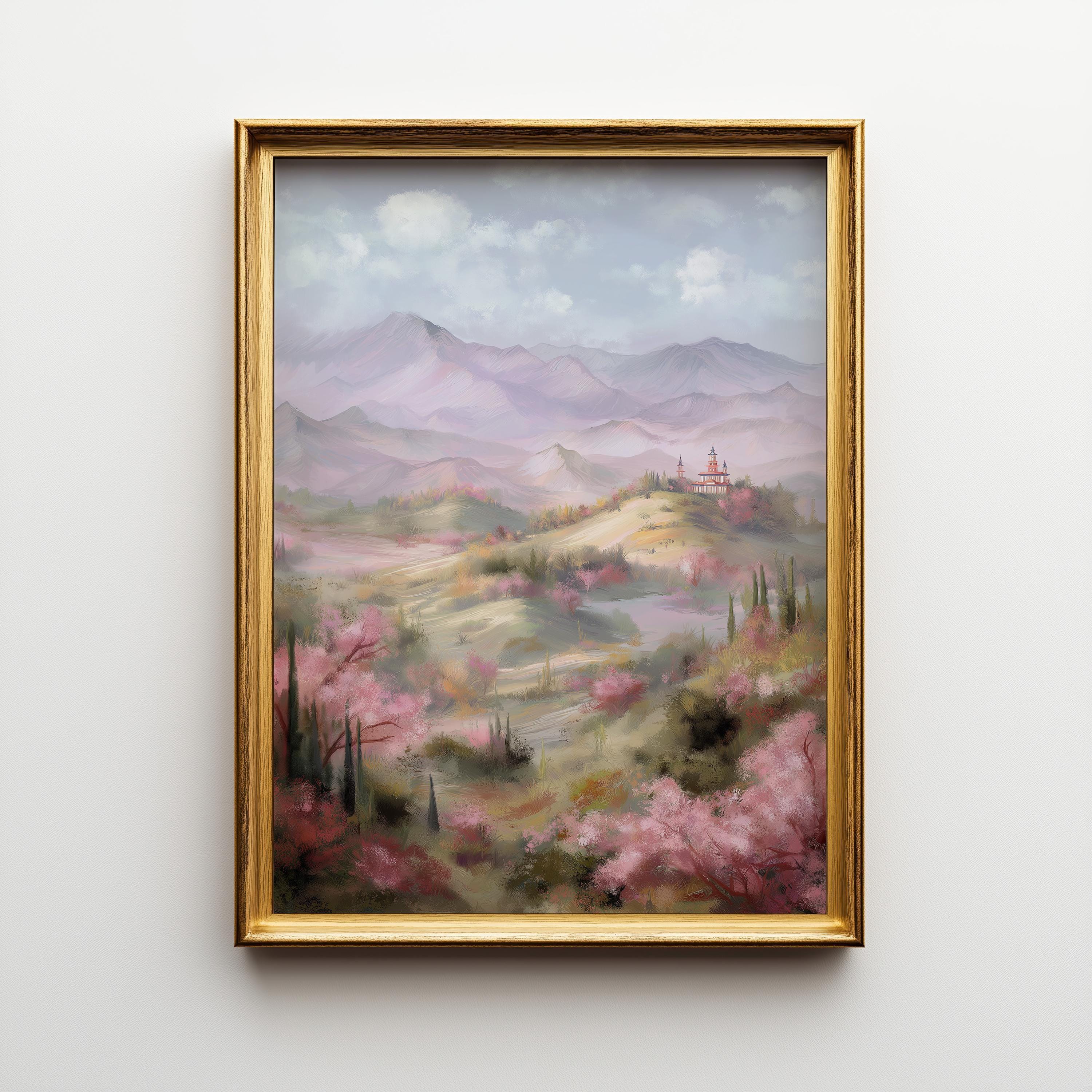 Chinoiserie Landscape Pastel Mountain Scenery Pagoda Wall Art by The Wall Art Studio - physical