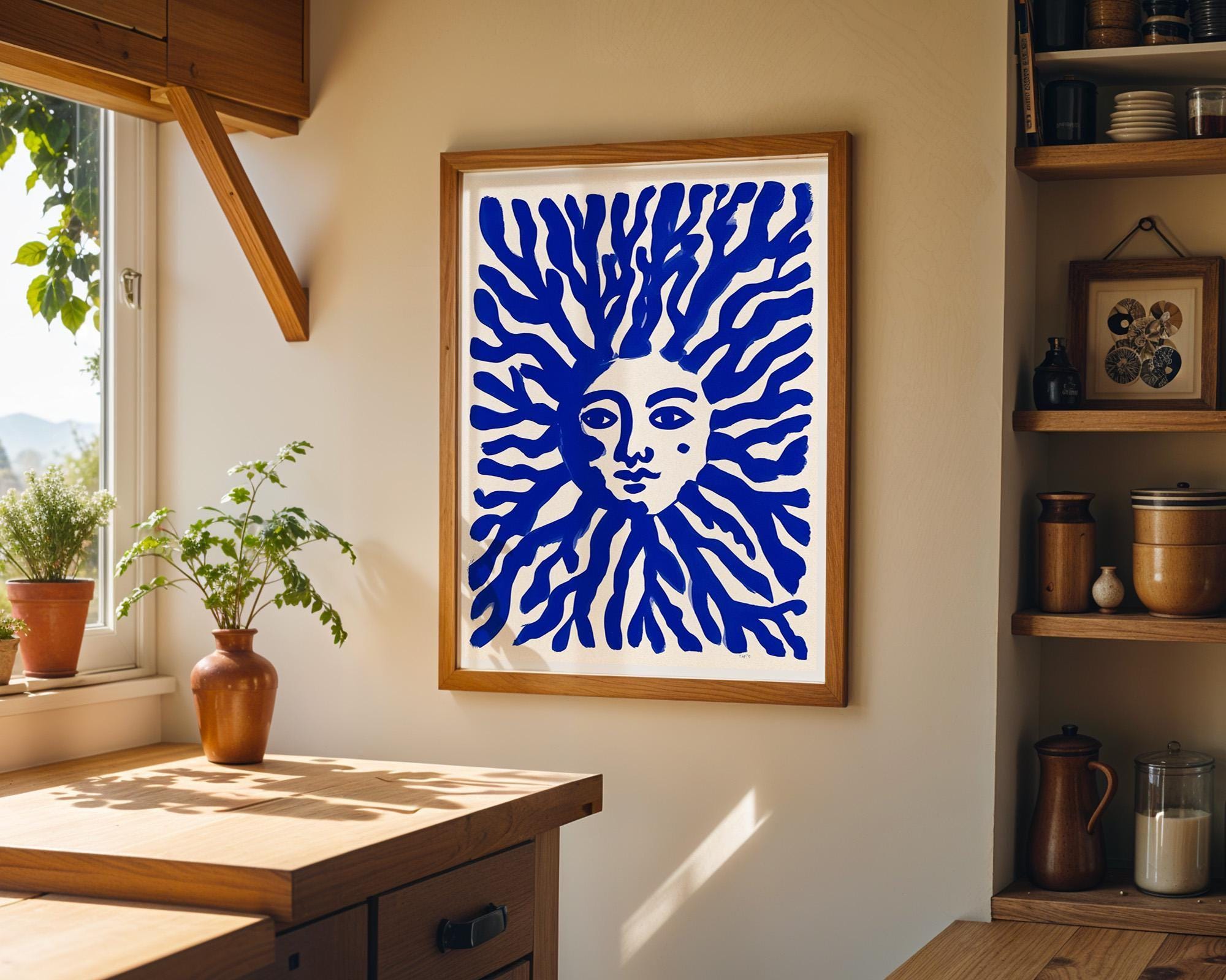 Blue Sun Face Mediterranean Coastal Celestial Wall Art by The Wall Art Studio