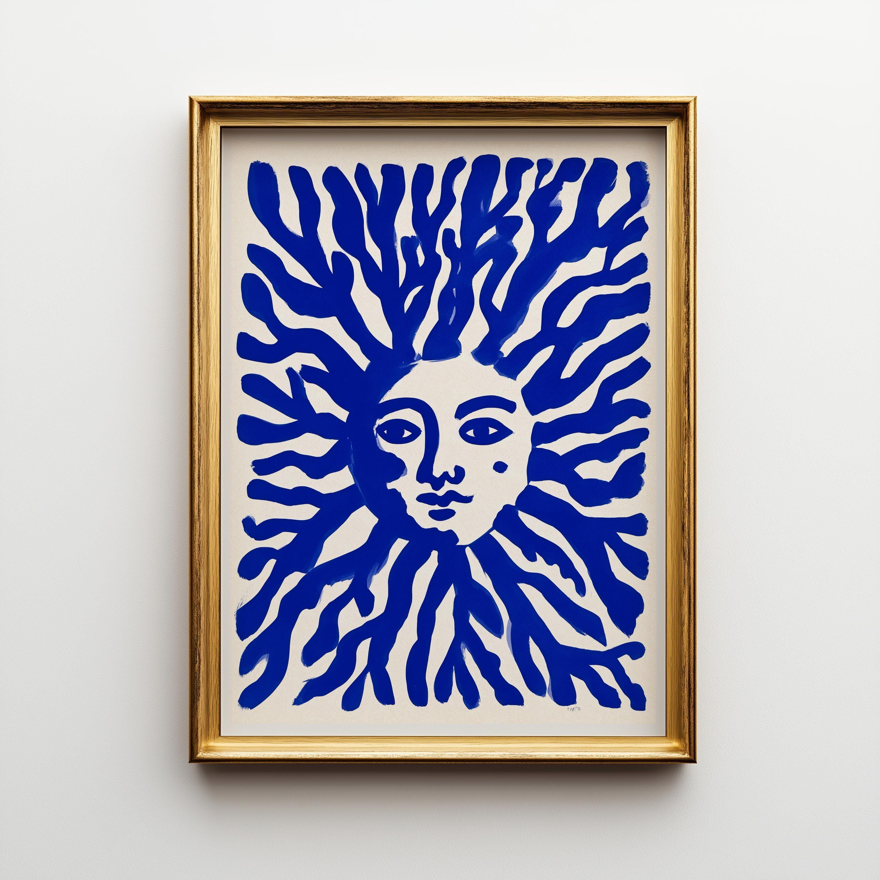 Blue Sun Face Mediterranean Coastal Celestial Wall Art by The Wall Art Studio