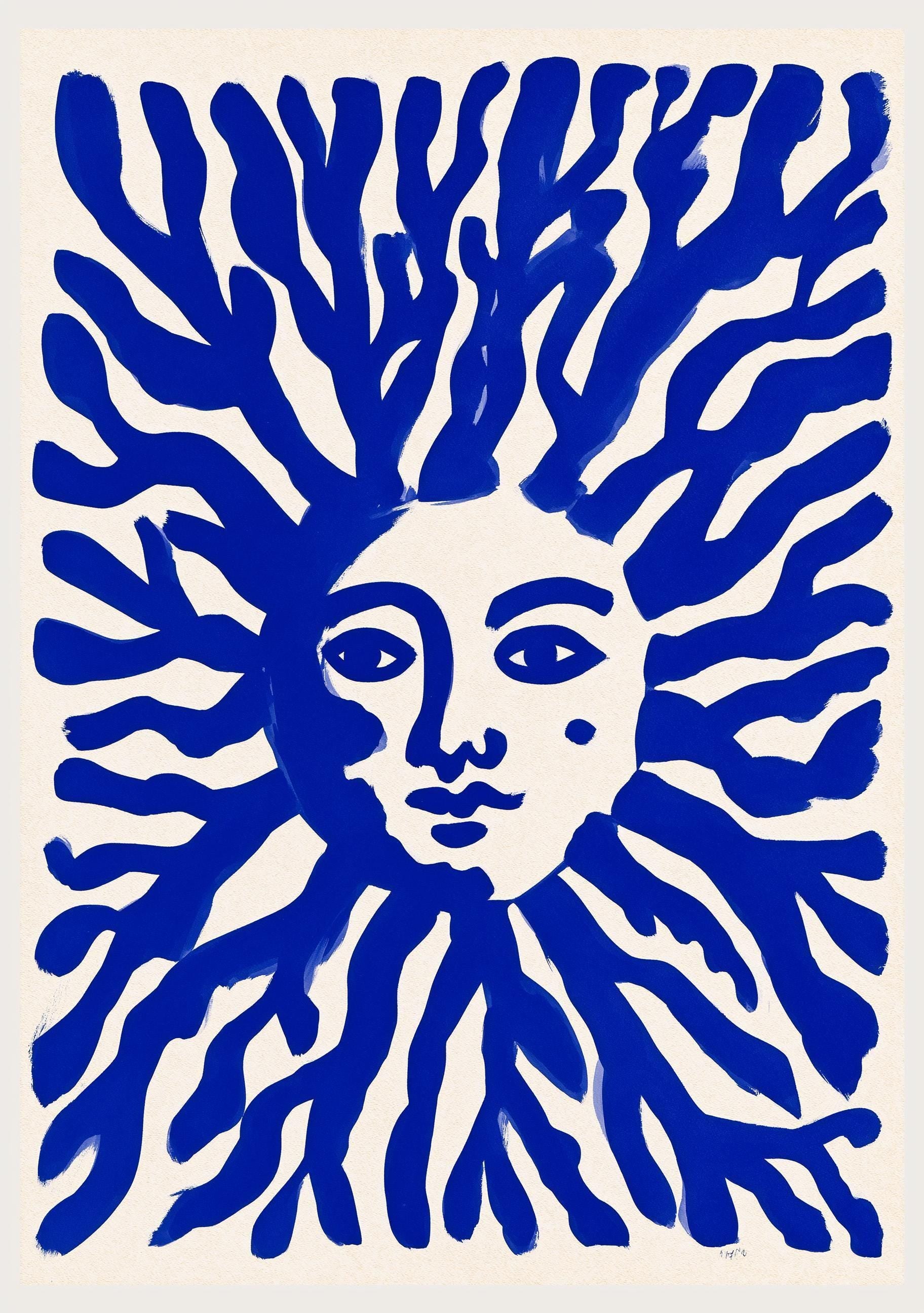 Blue Sun Face Mediterranean Coastal Celestial Wall Art by The Wall Art Studio