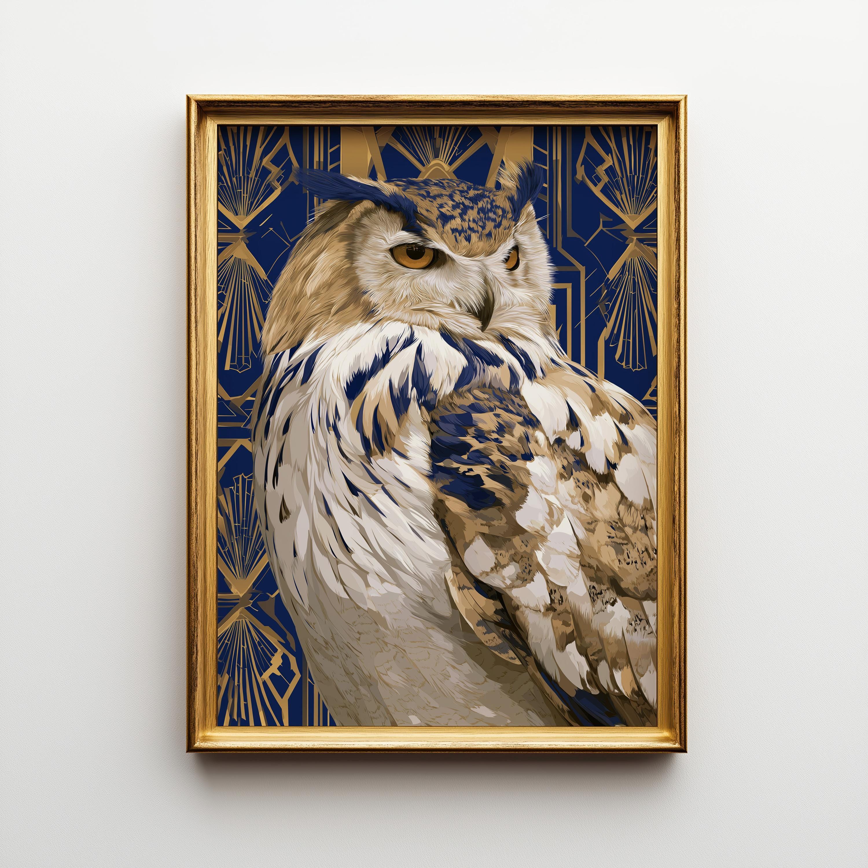 Art Deco Vintage Blue & Gold Owl Wall Art by The Wall Art Studio