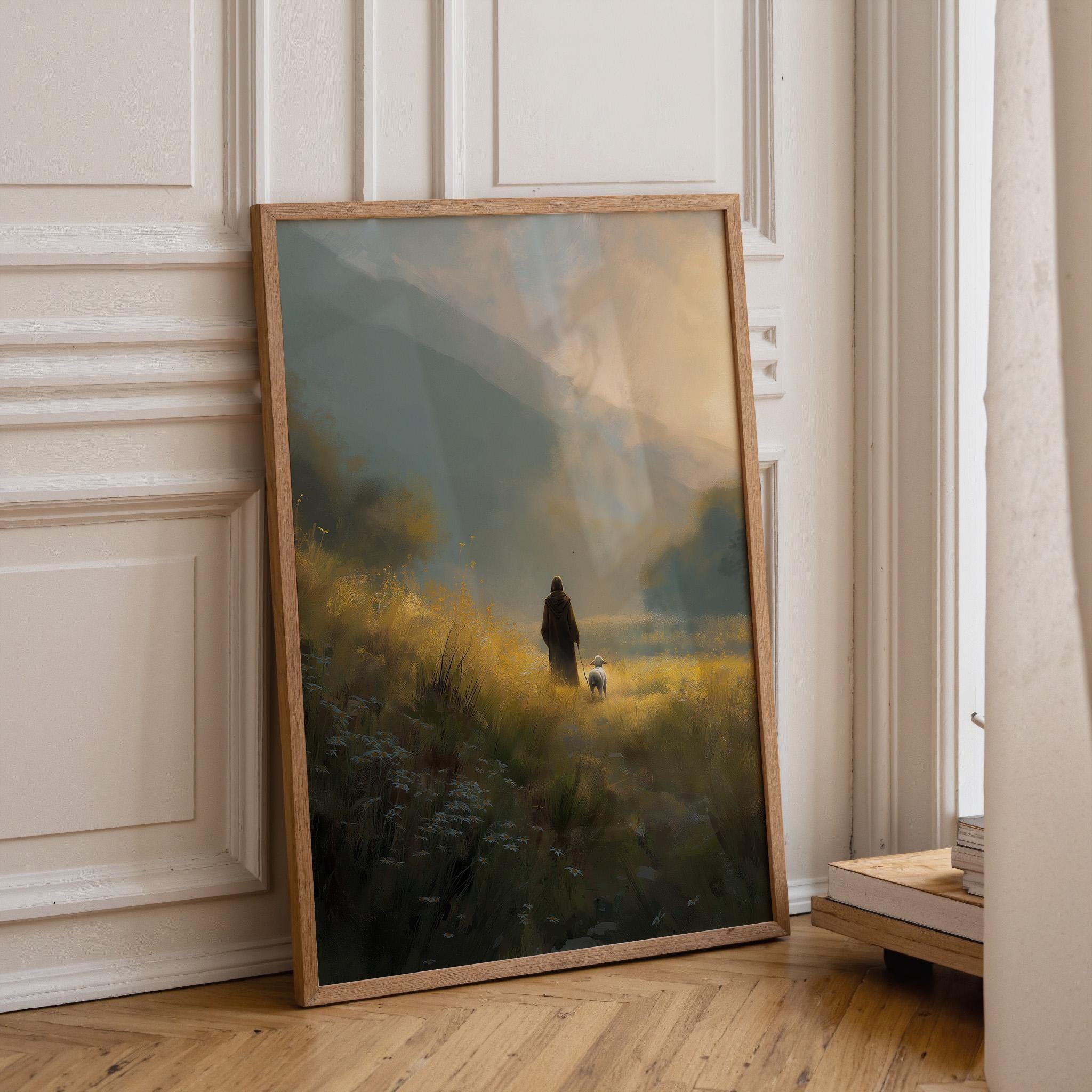 Christian Jesus Walking with Lamb Faith Landscape Wall Art by The Wall Art Studio