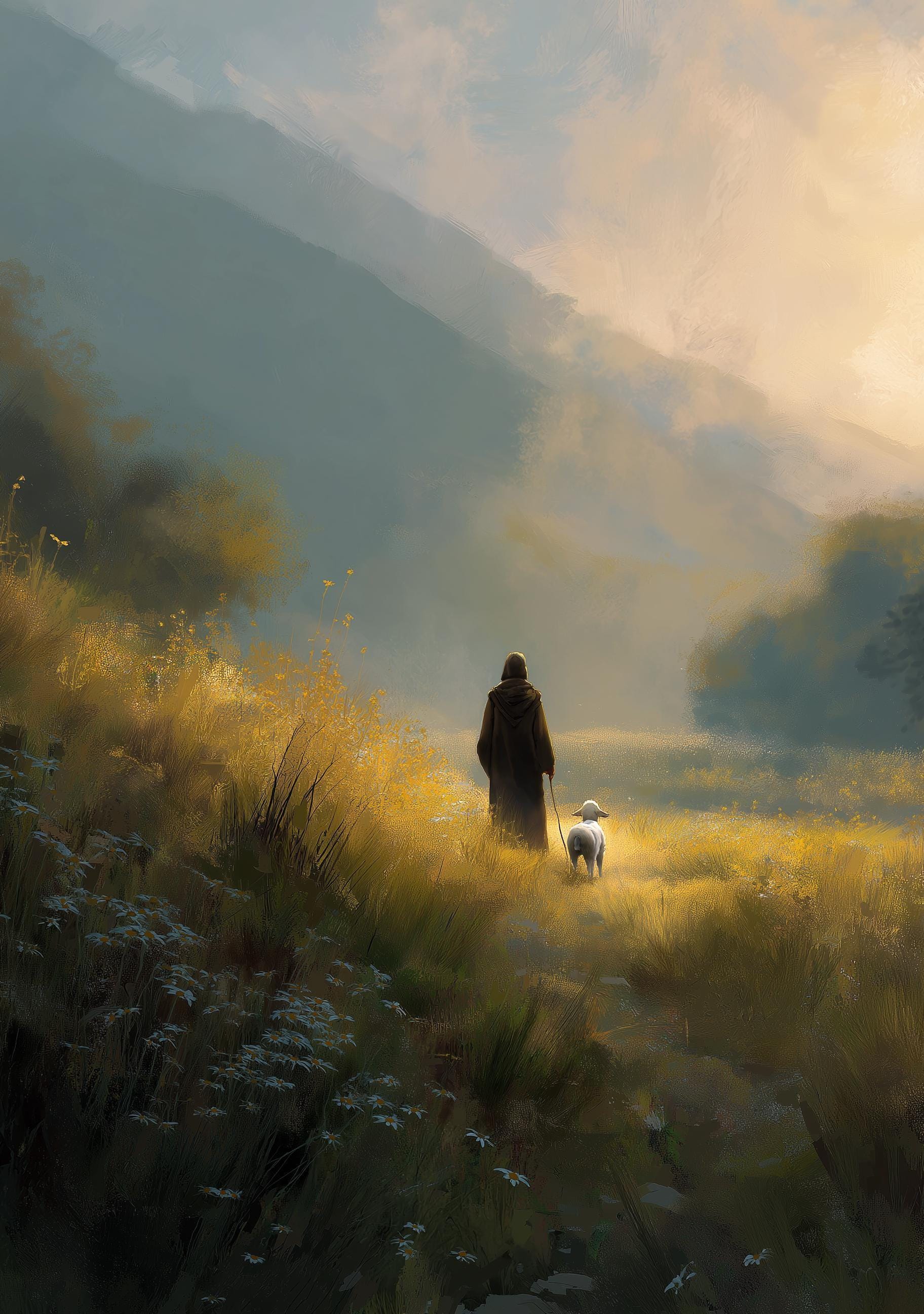 Christian Jesus Walking with Lamb Faith Landscape Wall Art by The Wall Art Studio