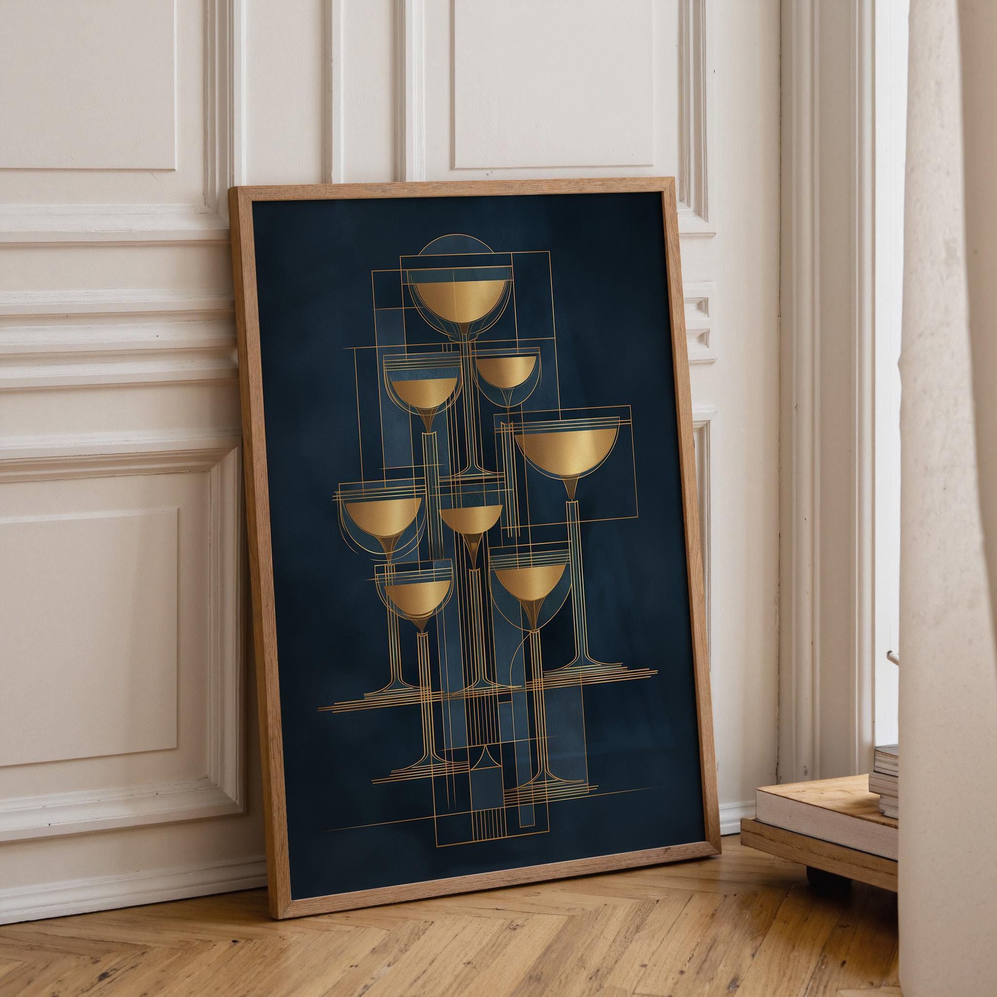 Art Deco Cocktail Wall Art Print, Minimalist Martini Illustration, Blue and Gold Bar Décor