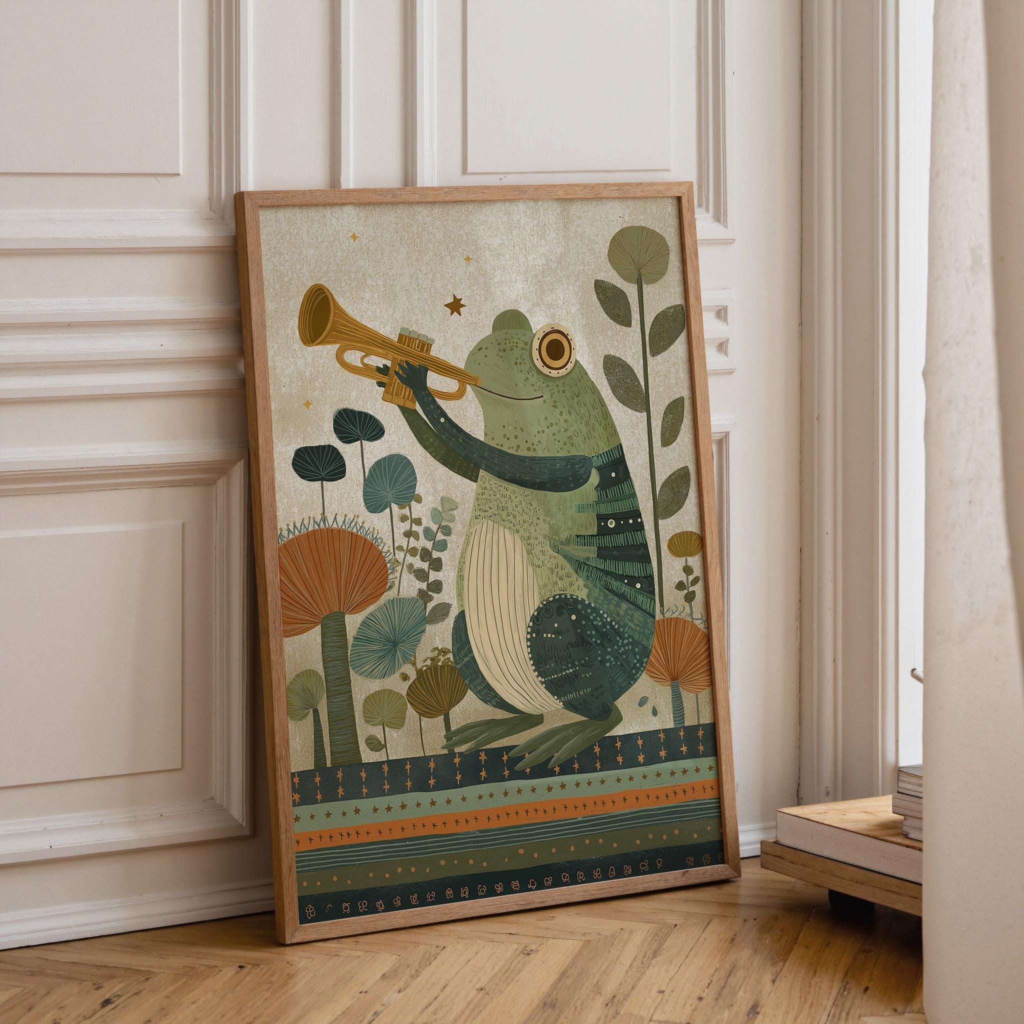 Whimsical Frog Music Kids Nursery Animal Playing Trumpet Wall Art by The Wall Art Studio
