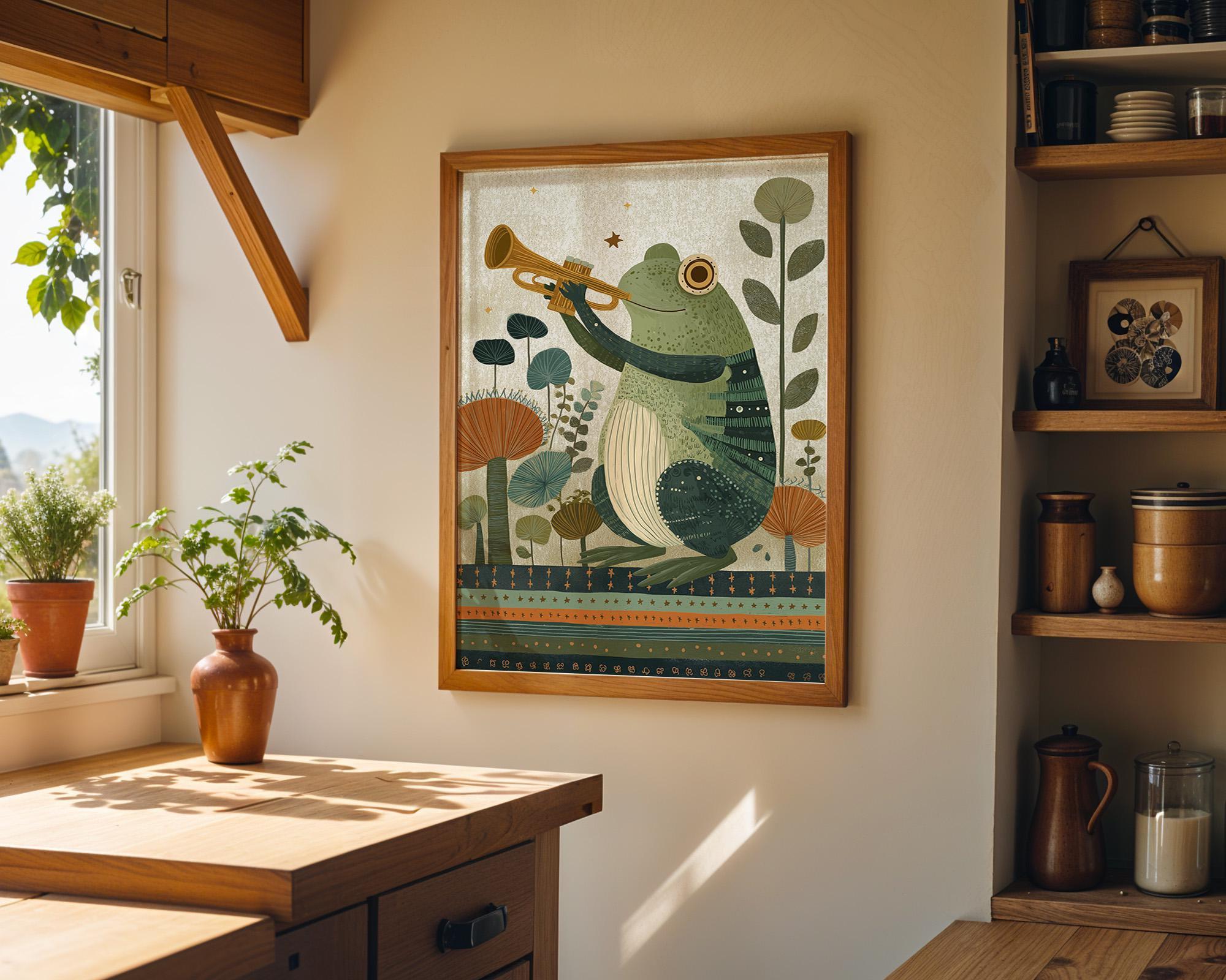 Whimsical Frog Music Kids Nursery Animal Playing Trumpet Wall Art by The Wall Art Studio