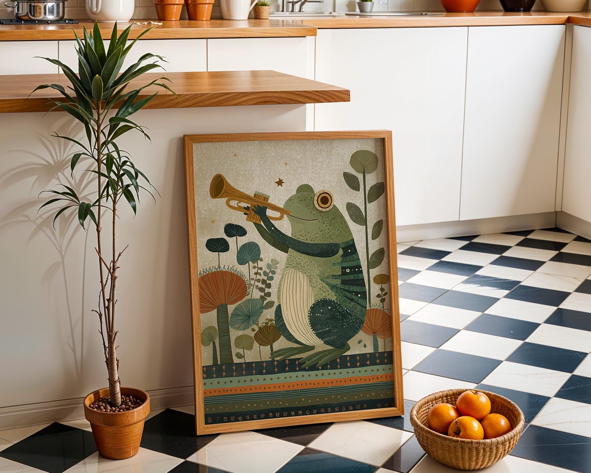 Whimsical Frog Music Kids Nursery Animal Playing Trumpet Wall Art by The Wall Art Studio