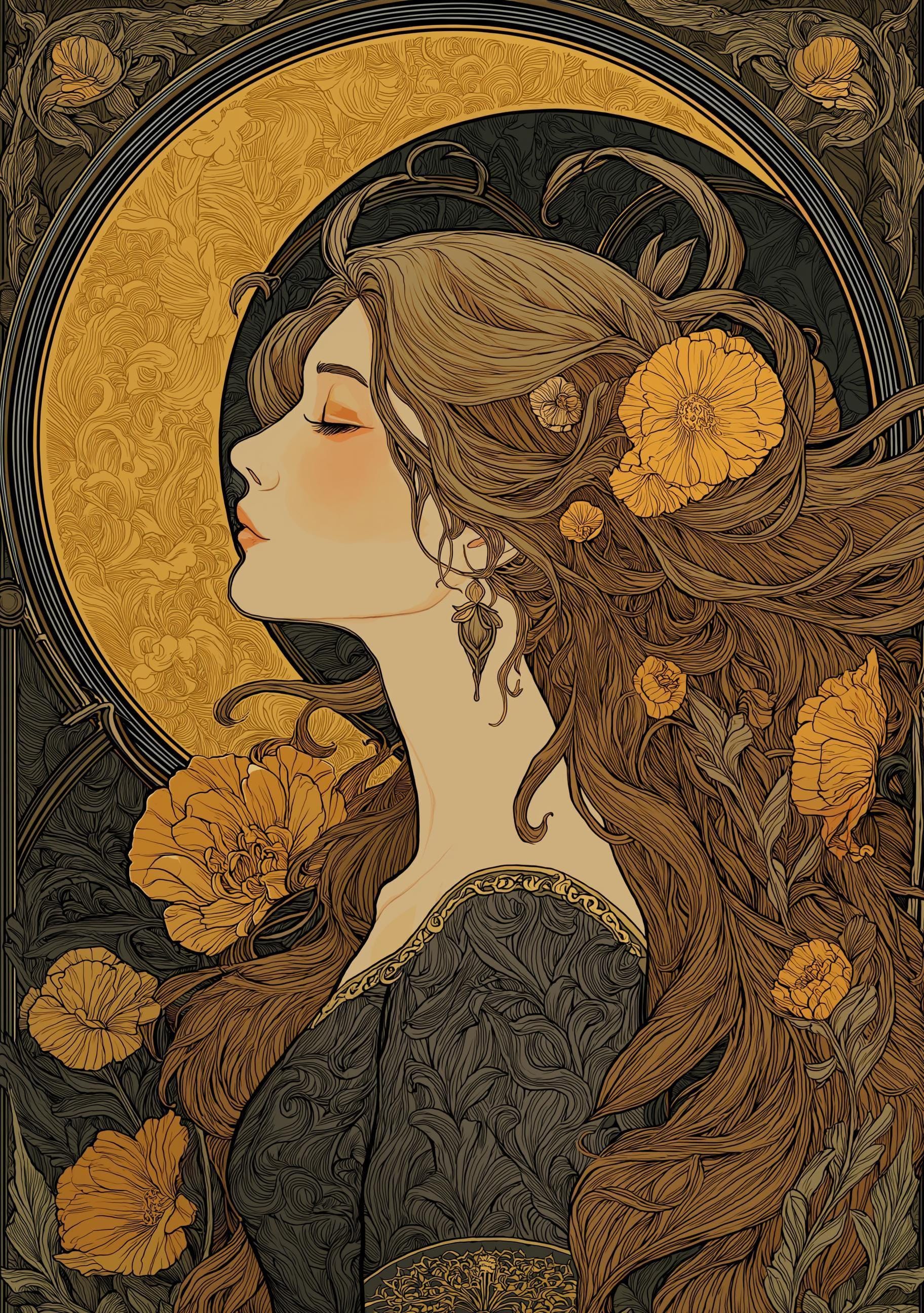 Art Nouveau Woman Celestial Gold Floral Wall Art by The Wall Art Studio