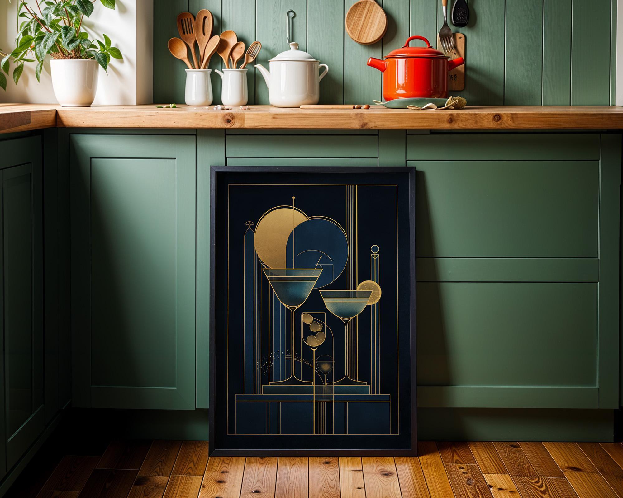 Art Deco Cocktail Wall Art Print, Minimalist Martini Illustration, Blue, Pink and Gold Bar Décor