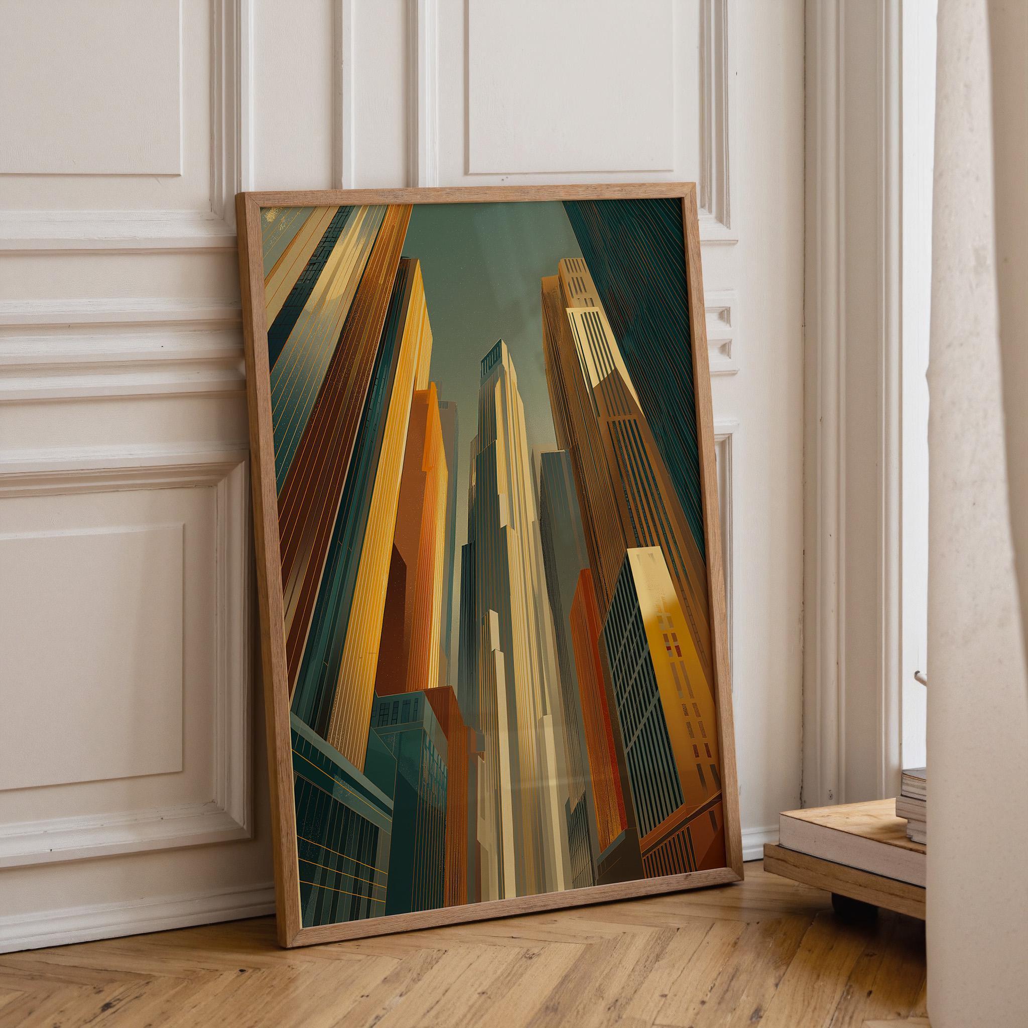 Art Deco Skyscraper Geometric Cityscape Gold & Teal Architecture Wall Art by The Wall Art Studio - physical