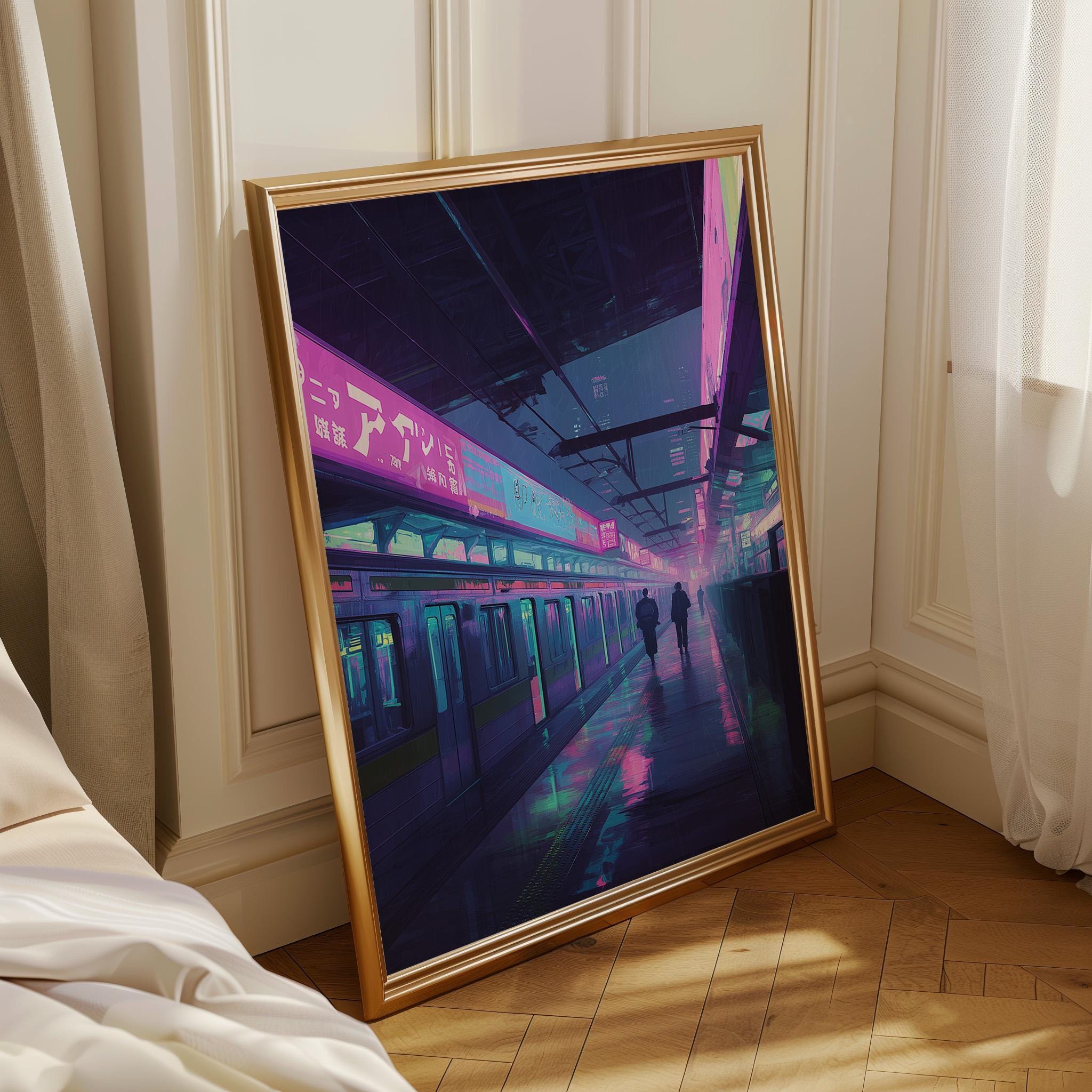 Neon Cyberpunk tokyo Metro Subway Platform Train Station Wall Art by The Wall Art Studio