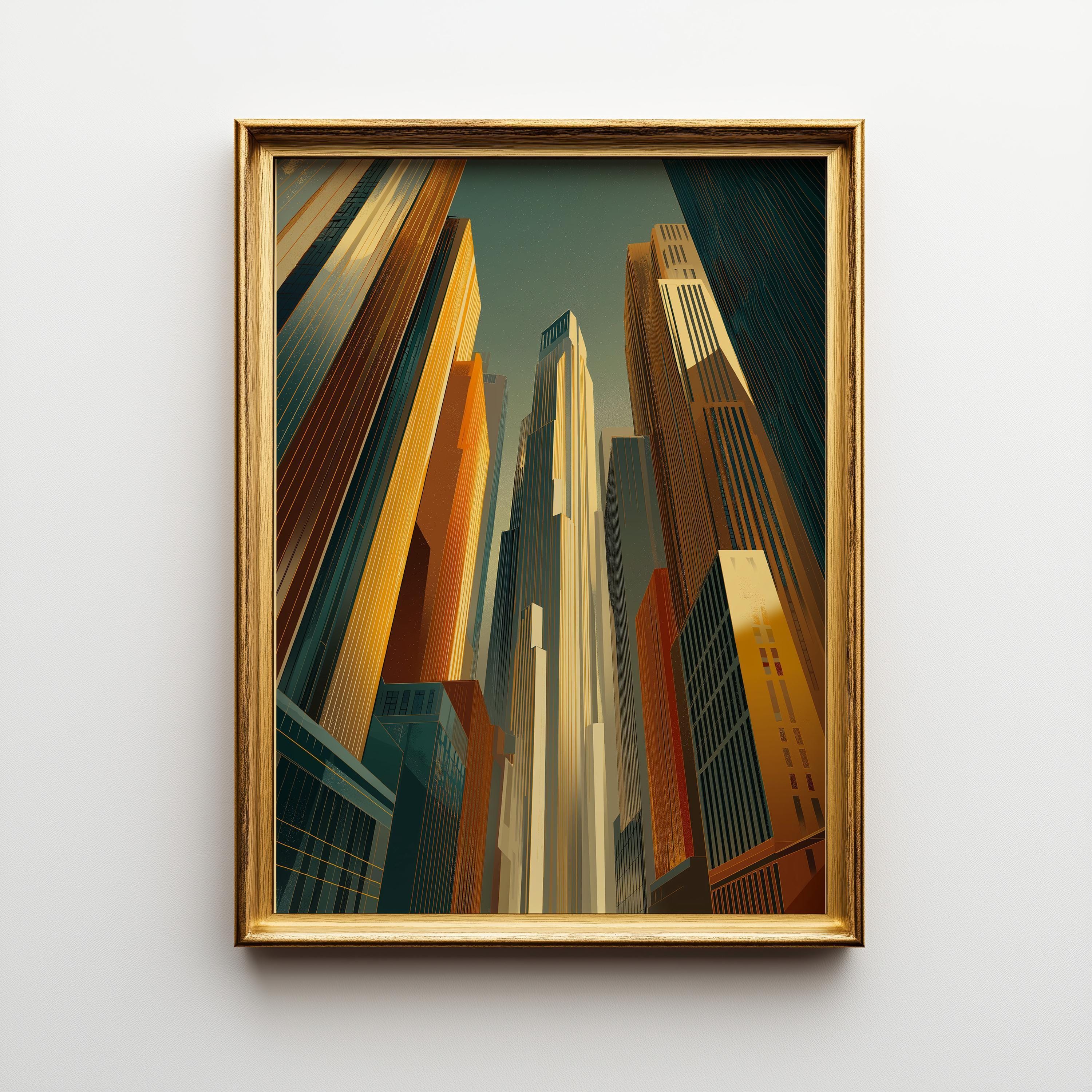 Art Deco Skyscraper Geometric Cityscape Gold & Teal Architecture Wall Art by The Wall Art Studio - physical