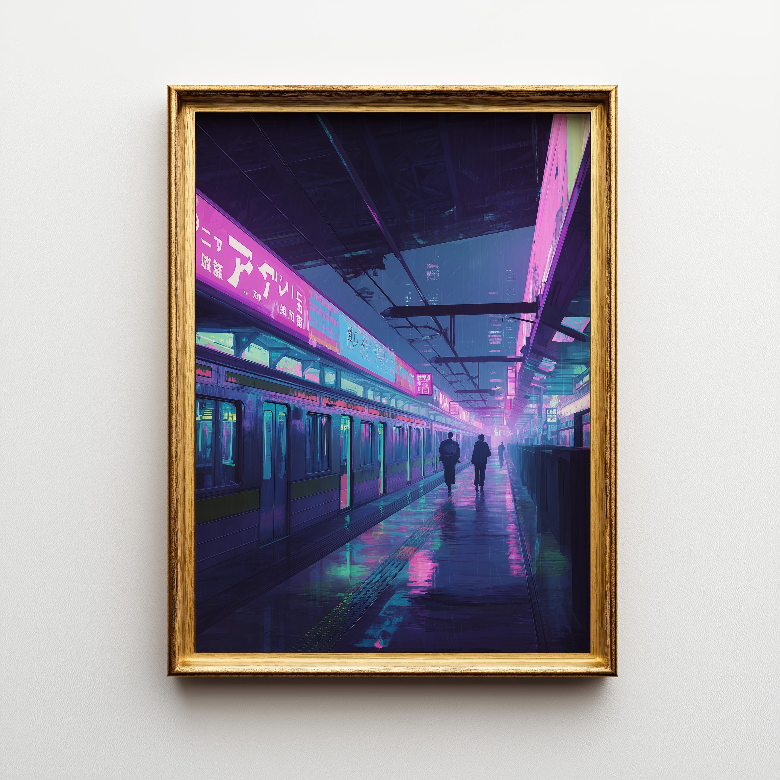 Neon Cyberpunk tokyo Metro Subway Platform Train Station Wall Art by The Wall Art Studio