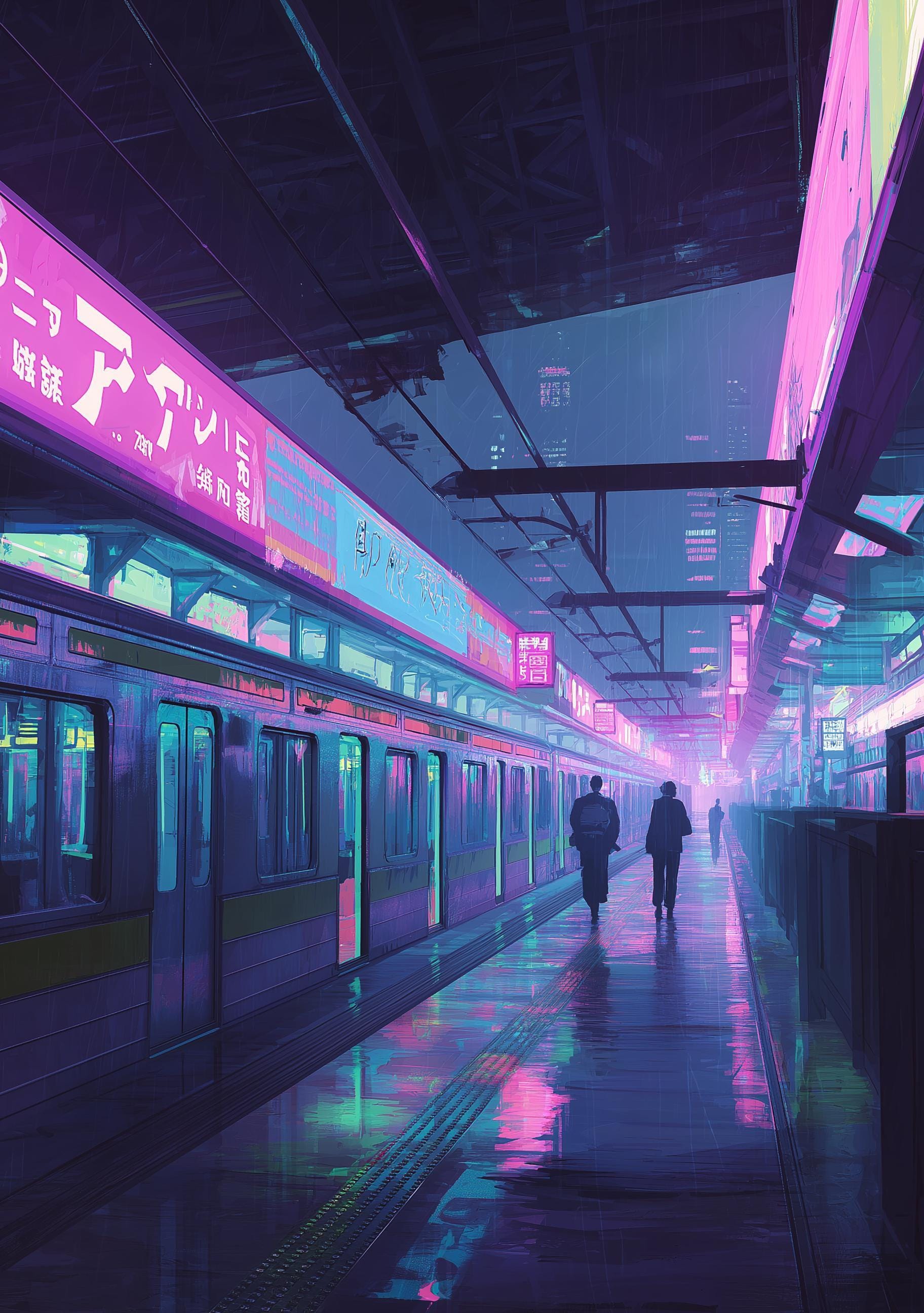 Neon Cyberpunk tokyo Metro Subway Platform Train Station Wall Art by The Wall Art Studio