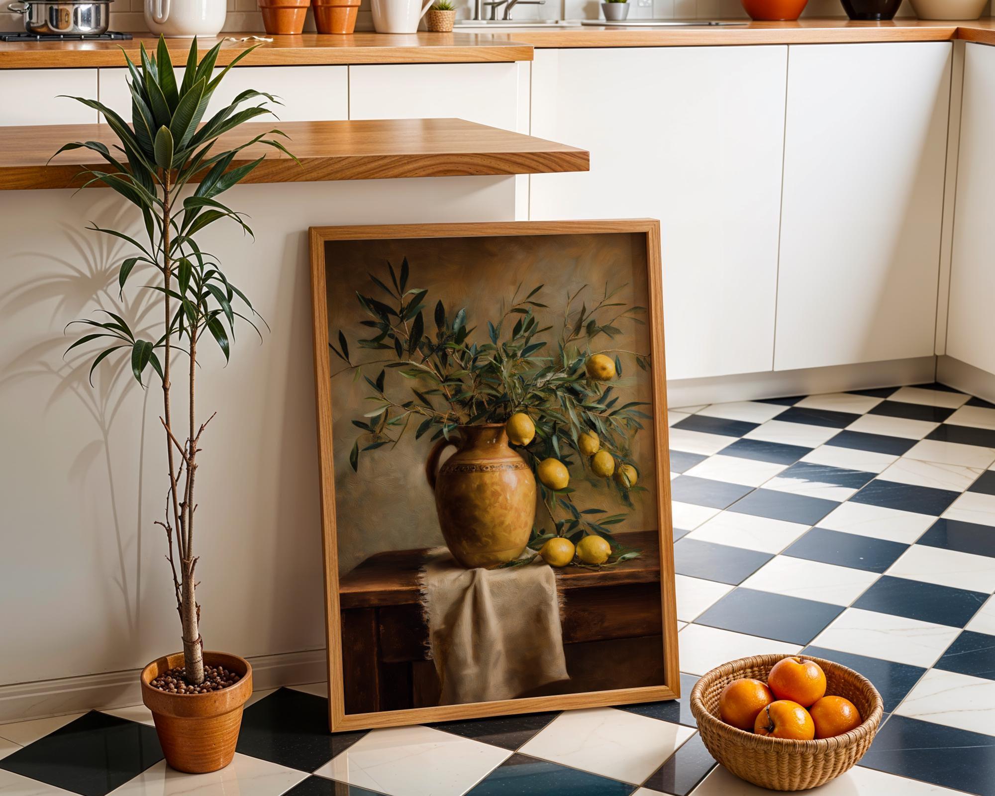 Mediterranean Still Life Olive Branch and Lemons Rustic Spanish Kitchen Wall Art