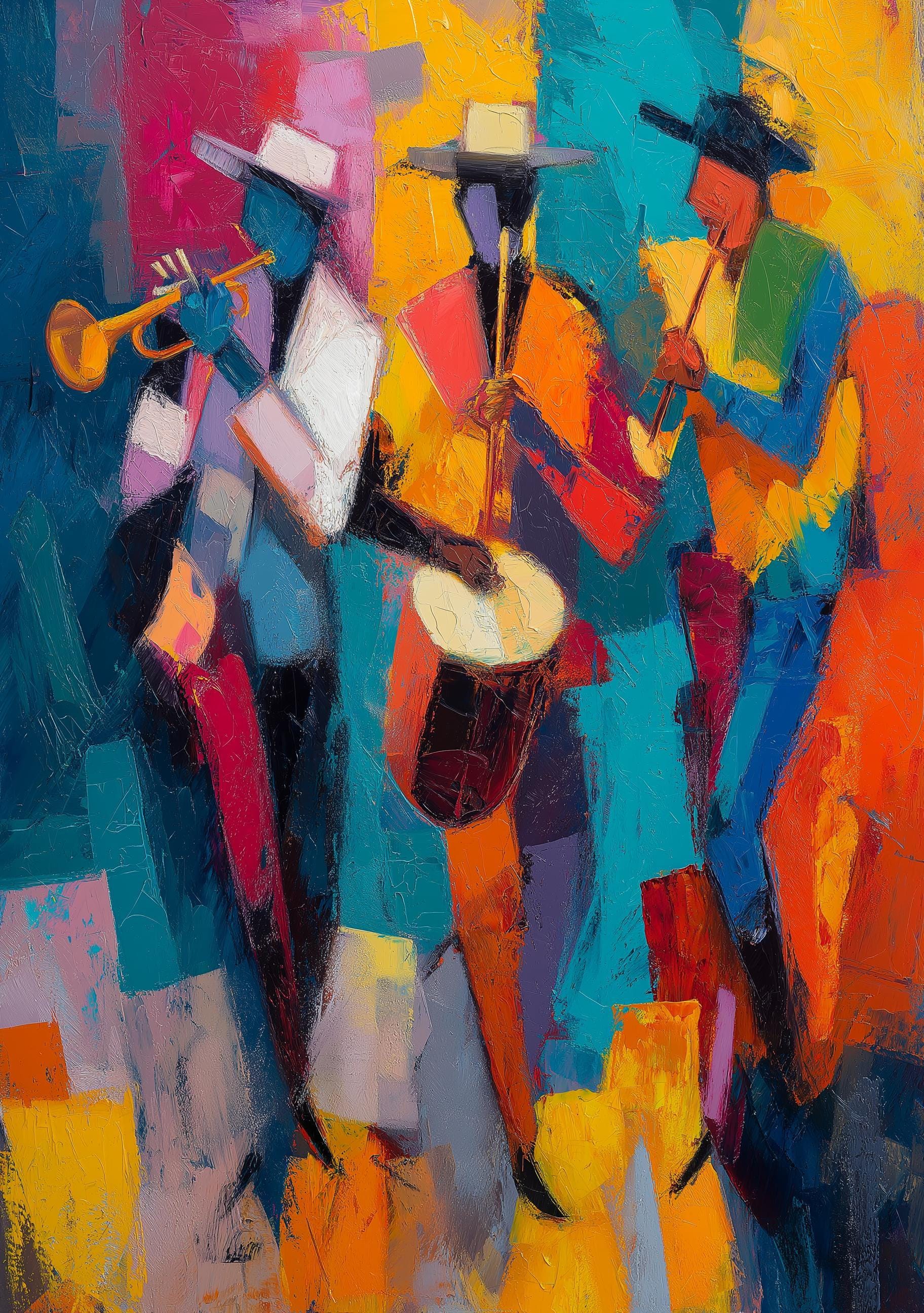 Abstract Jazz Band Wall Art, Colorful Musician Painting, Modern Music Artwork