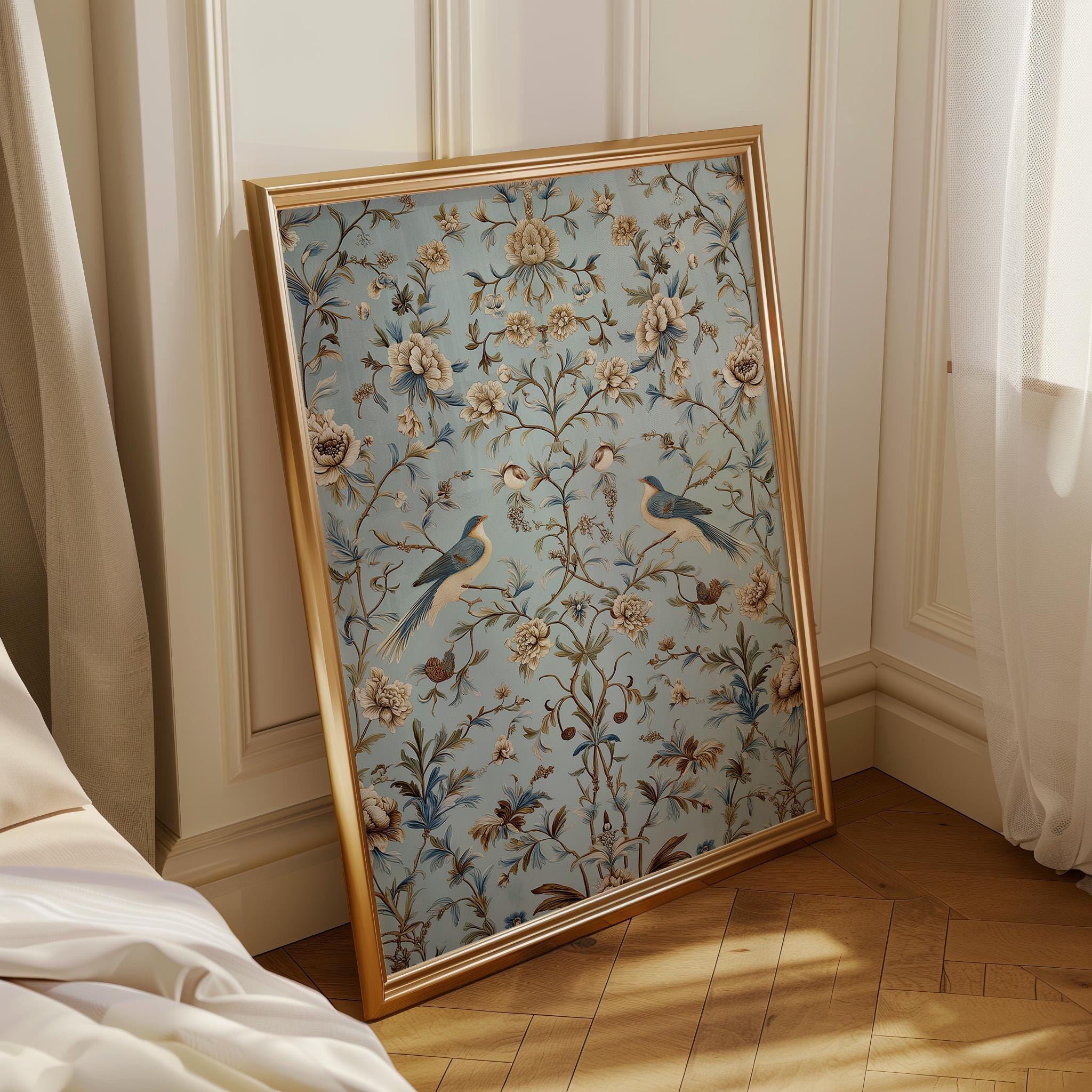 Chinoiserie Bird Blue & Gold Floral Elegant Botanical Asian Wall Art by The Wall Art Studio - physical