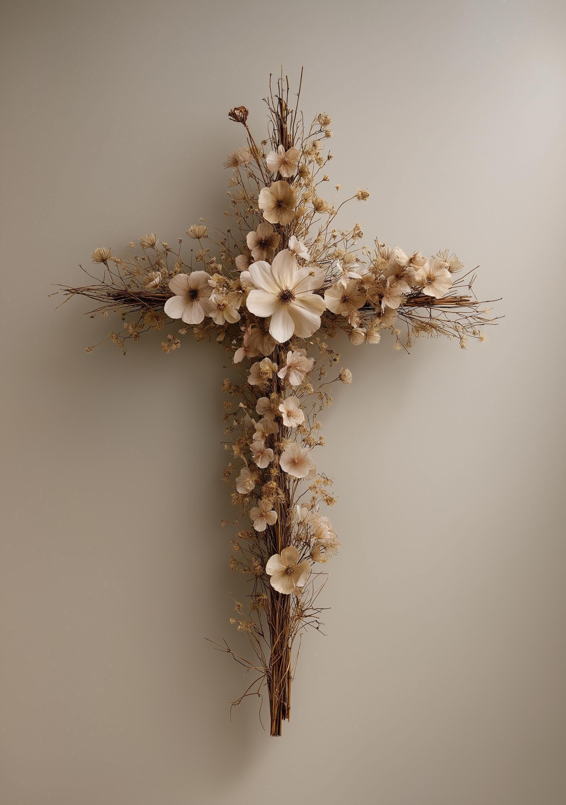 Floral Cross Neutral Faith, Minimalist Religious Rustic Farmhouse Wall Art by The Wall Art Studio