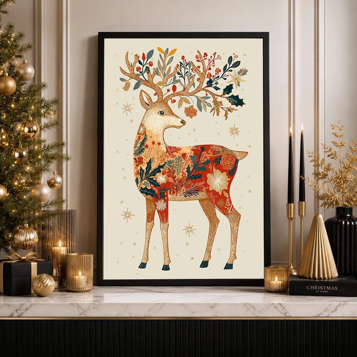 Folk Art Reindeer Scandinavian Woodland Christmas Wall Art by The Wall Art Studio