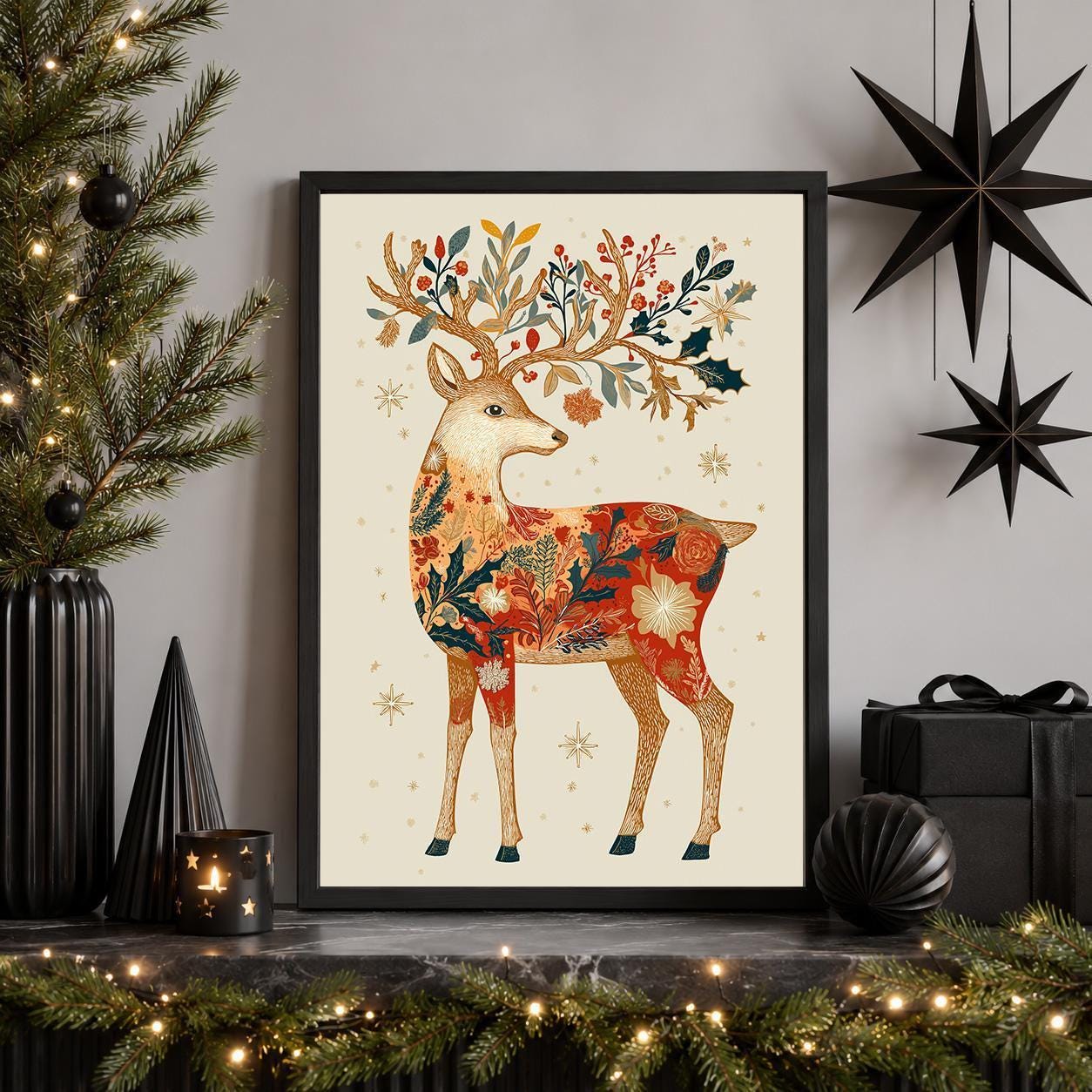 Folk Art Reindeer Scandinavian Woodland Christmas Wall Art by The Wall Art Studio