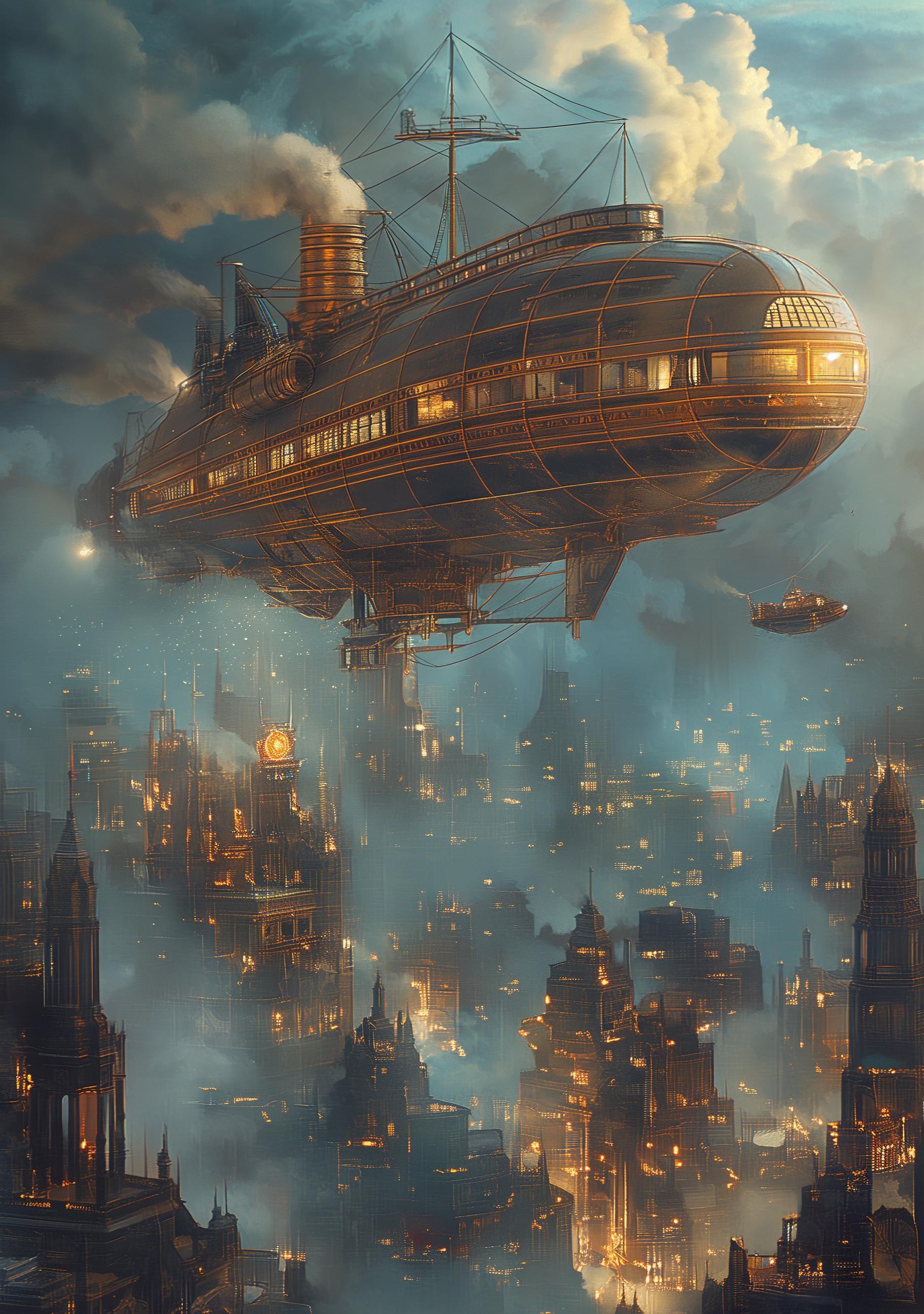 Steampunk Airship over Victorian City Wall Art by The Wall Art Studio
