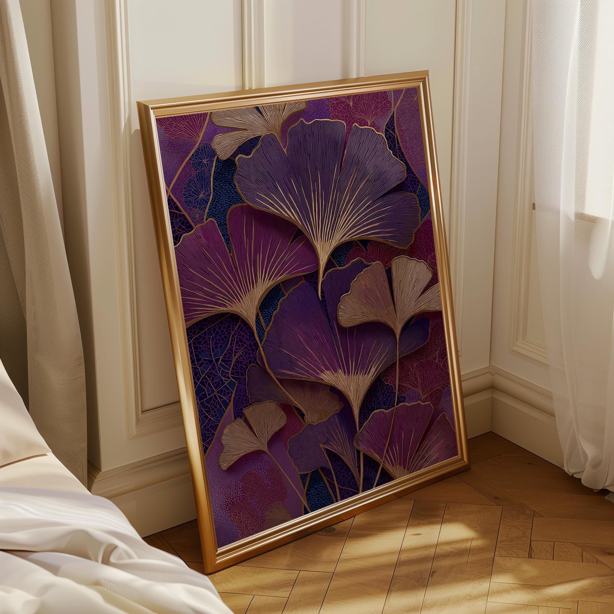 Purple Ginkgo Leaf Dark Maximalist Art Deco Wall Art by The Wall Art Studio - physical