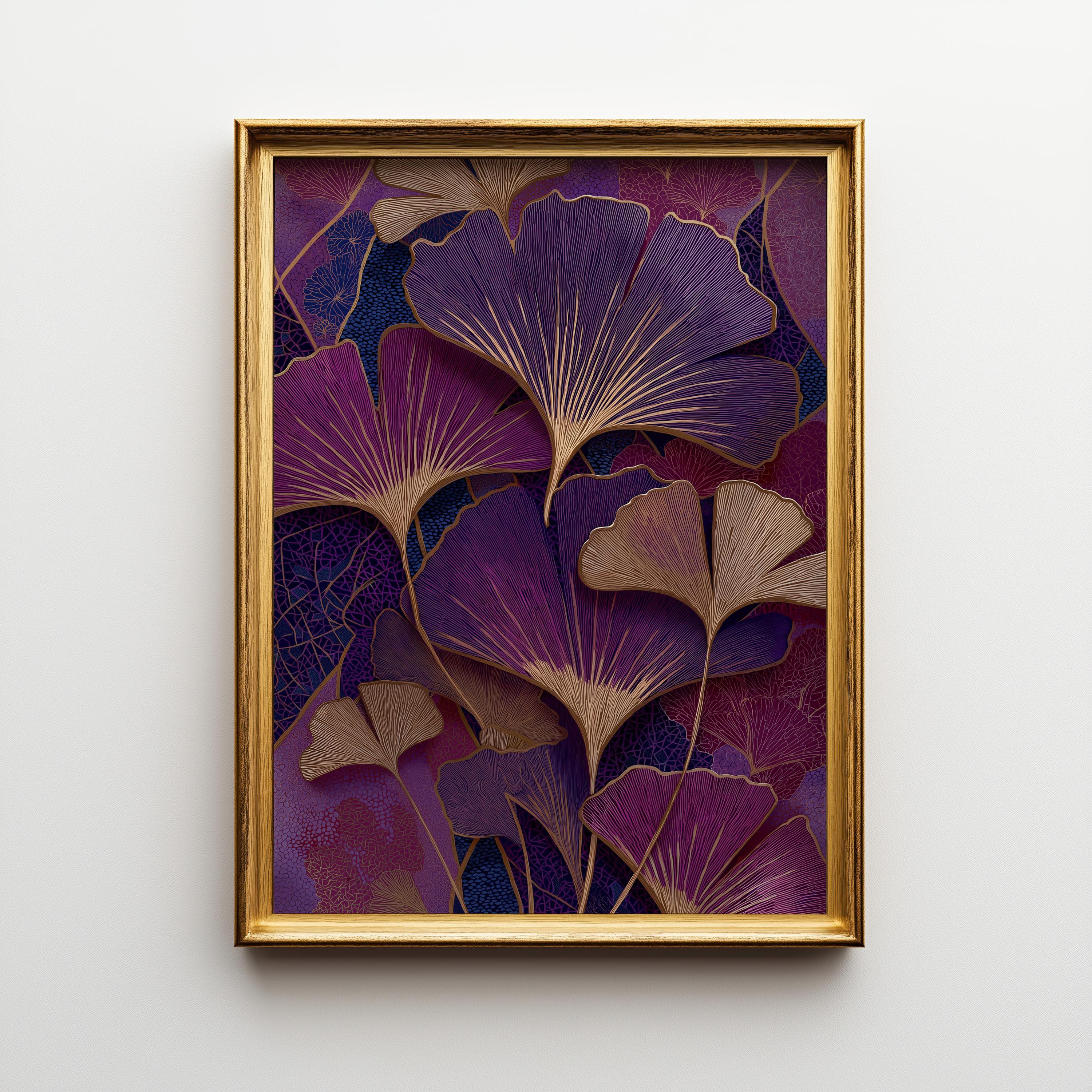 Purple Ginkgo Leaf Dark Maximalist Art Deco Wall Art by The Wall Art Studio - physical