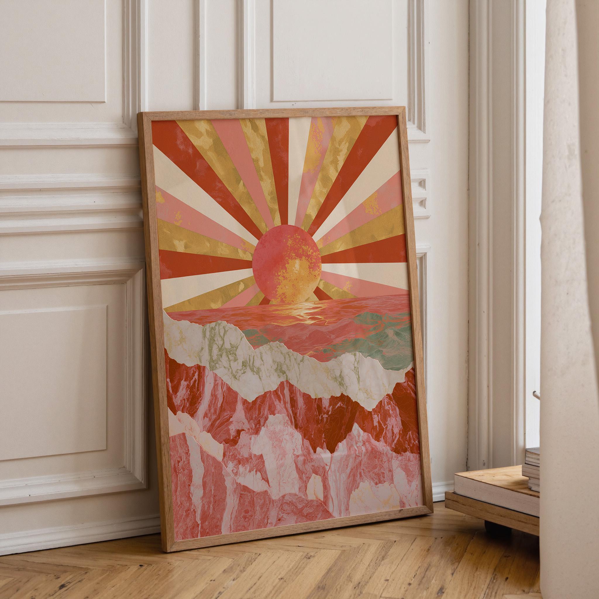 Art Deco Pink Retro Sunburst Landscape Geometric Sunset Wall Art by The Wall Art Studio