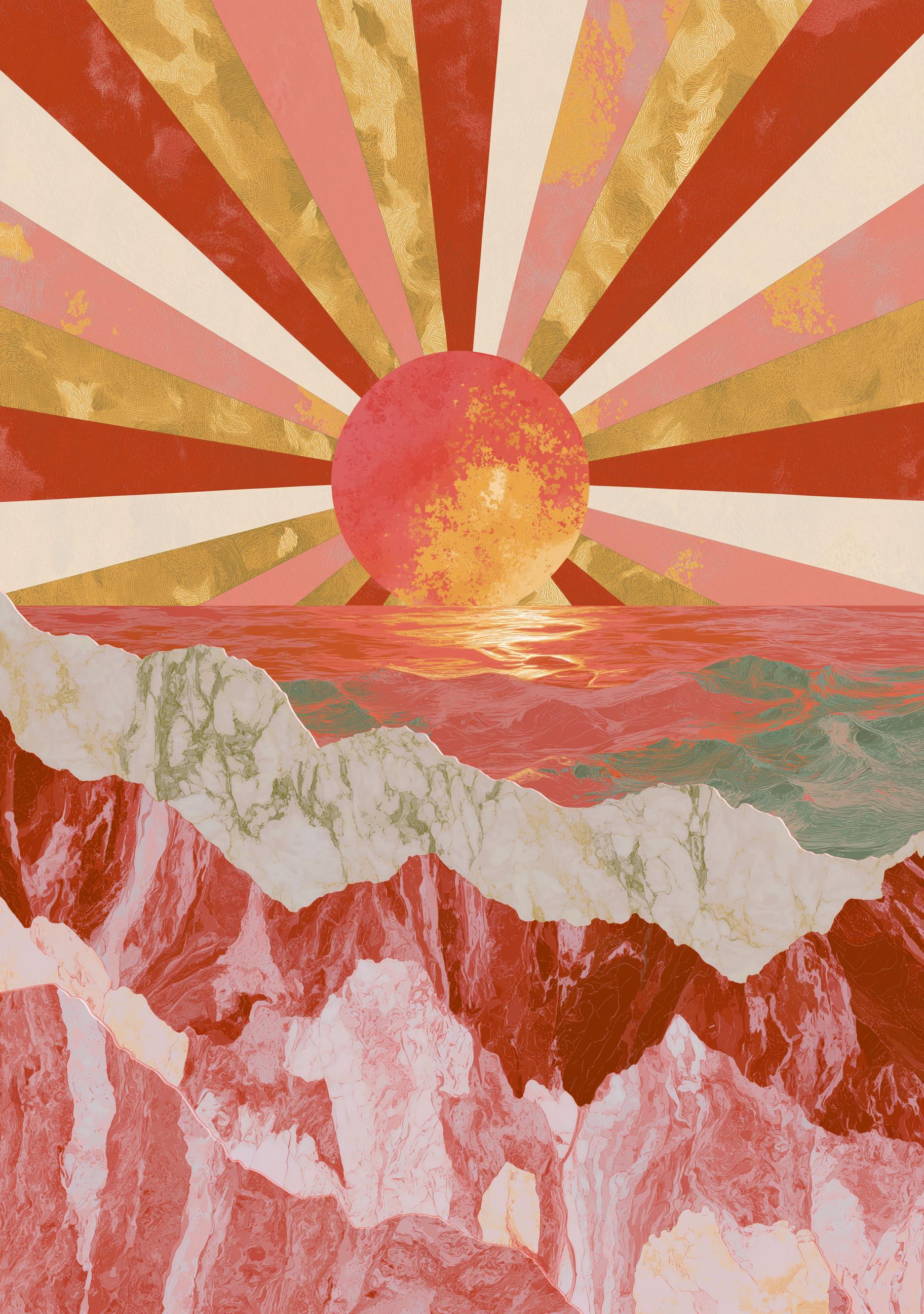 Art Deco Pink Retro Sunburst Landscape Geometric Sunset Wall Art by The Wall Art Studio