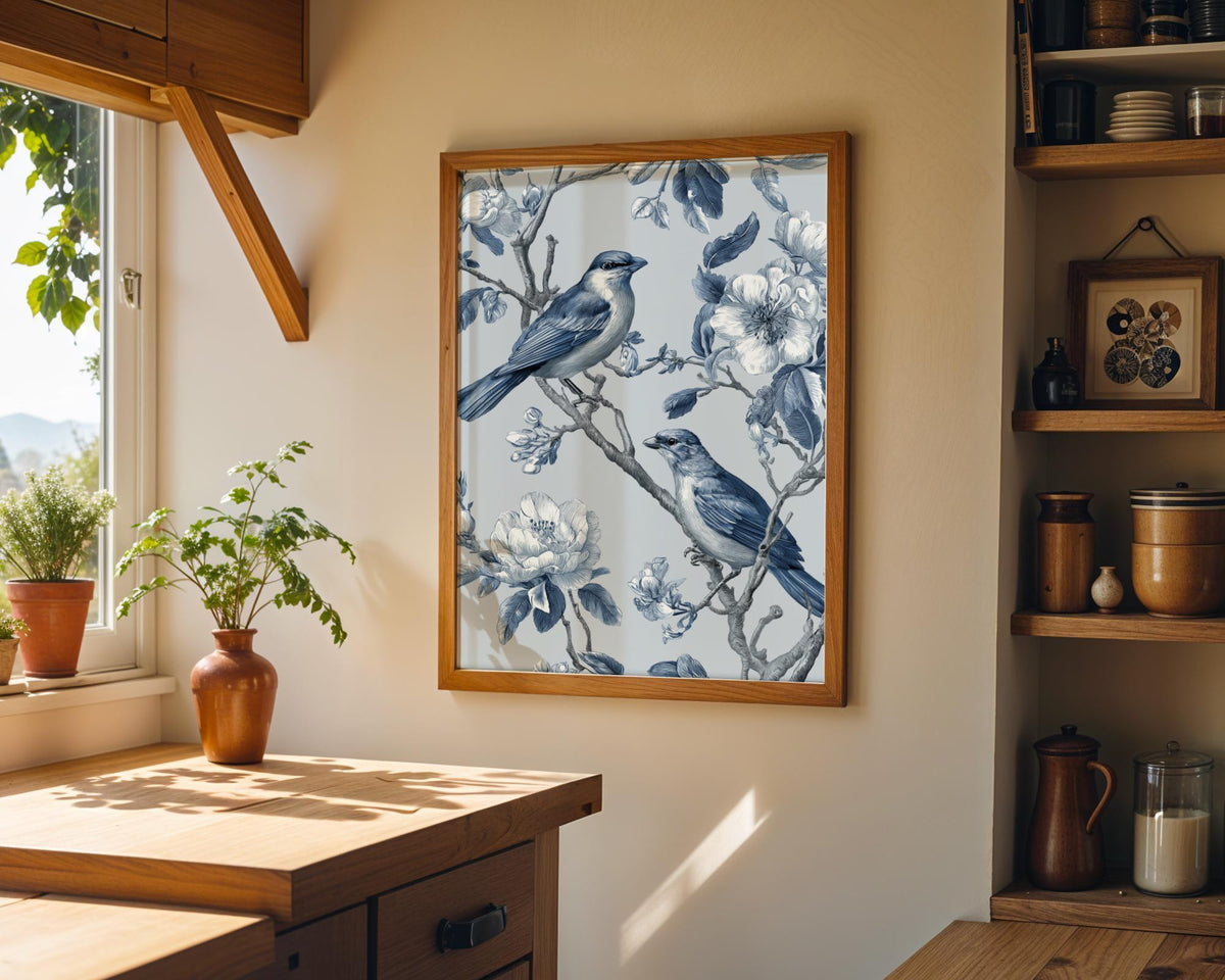 Vintage Style Songbird Chinoiserie Blue & White Wall Art by The Wall Art Studio