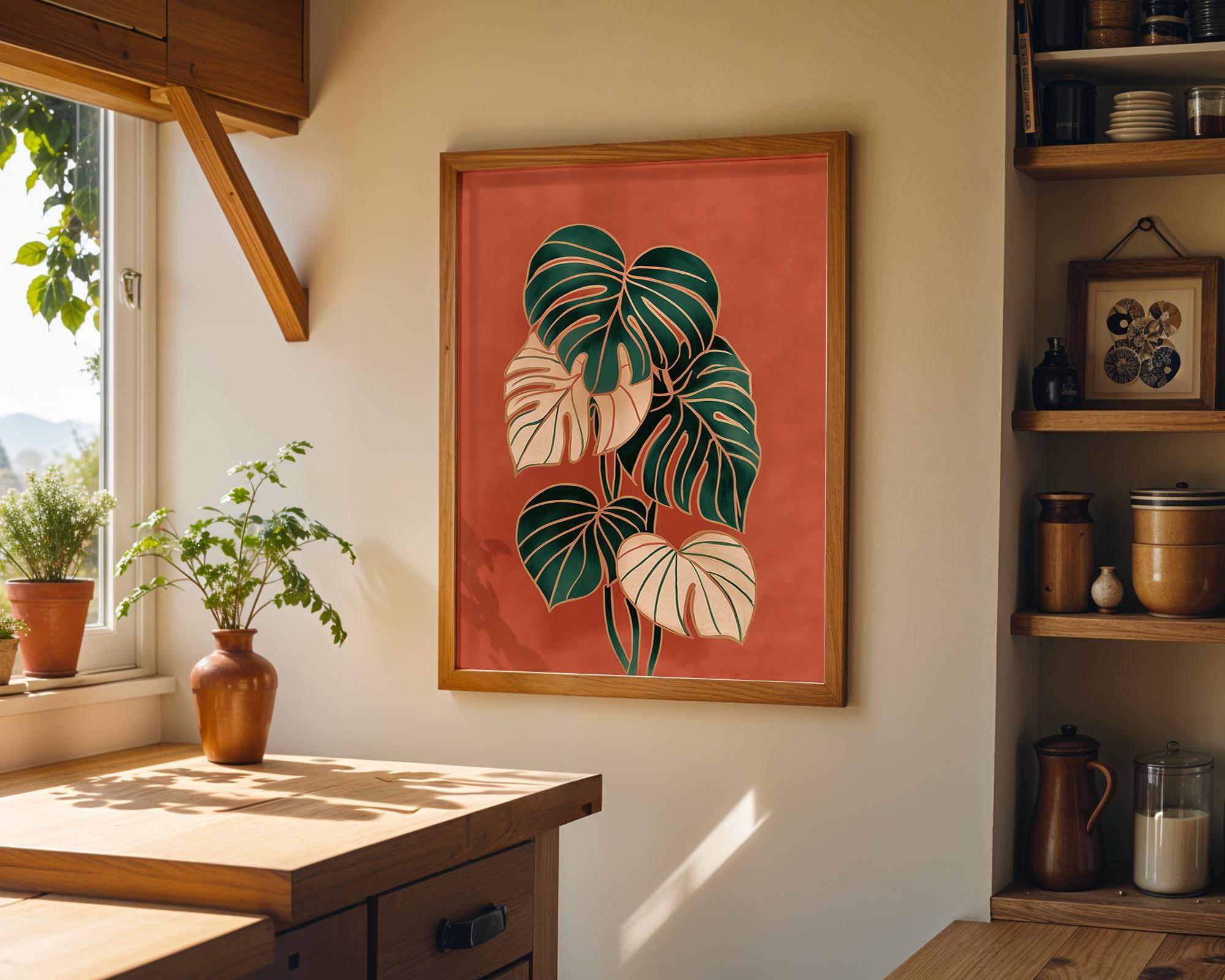 Monstera Leaf Terracotta Tropical Plant Mid Century Wall Art by The Wall Art Studio