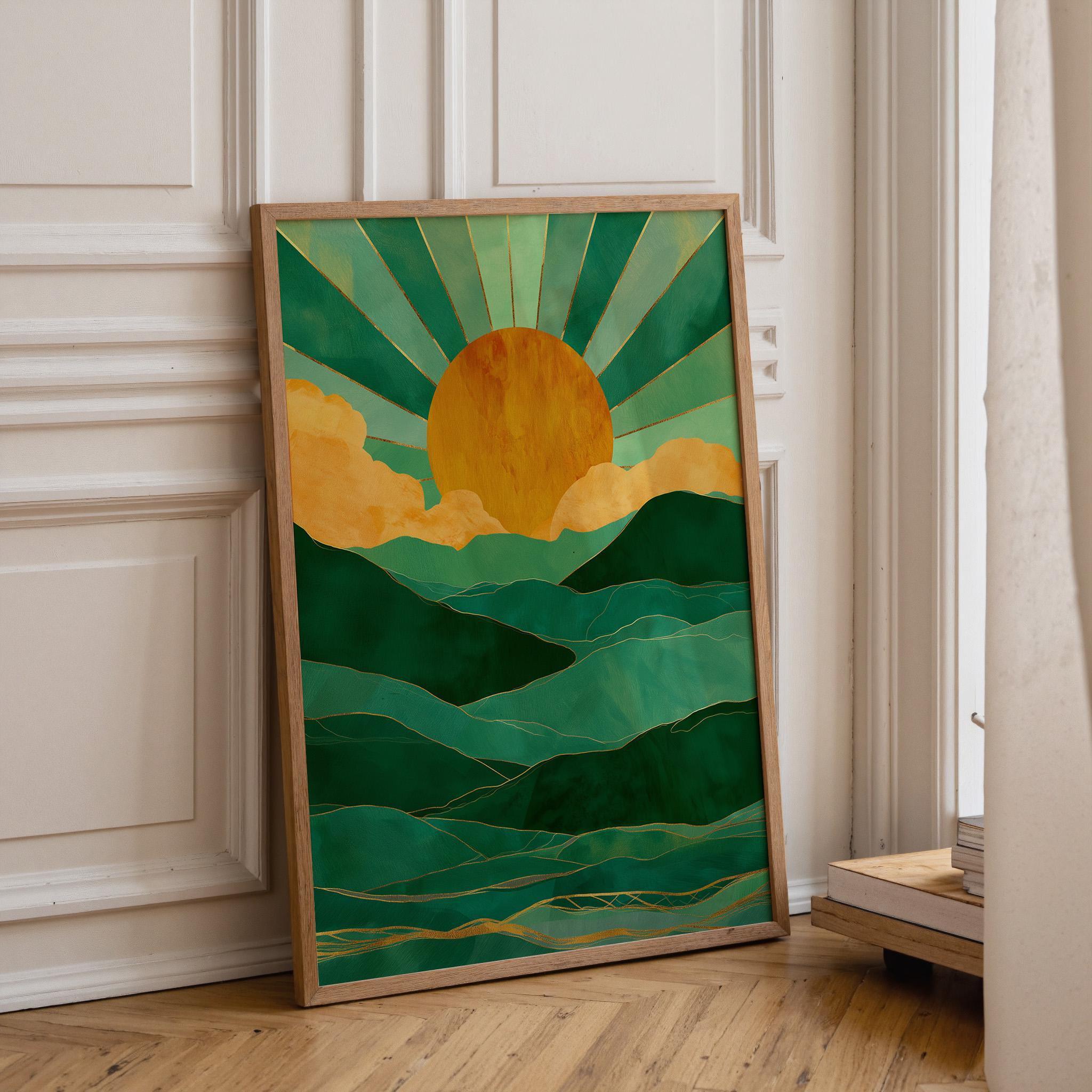 Emerald Green Mountain Sunrise Art Deco Landscape Wall Art by The Wall Art Studio