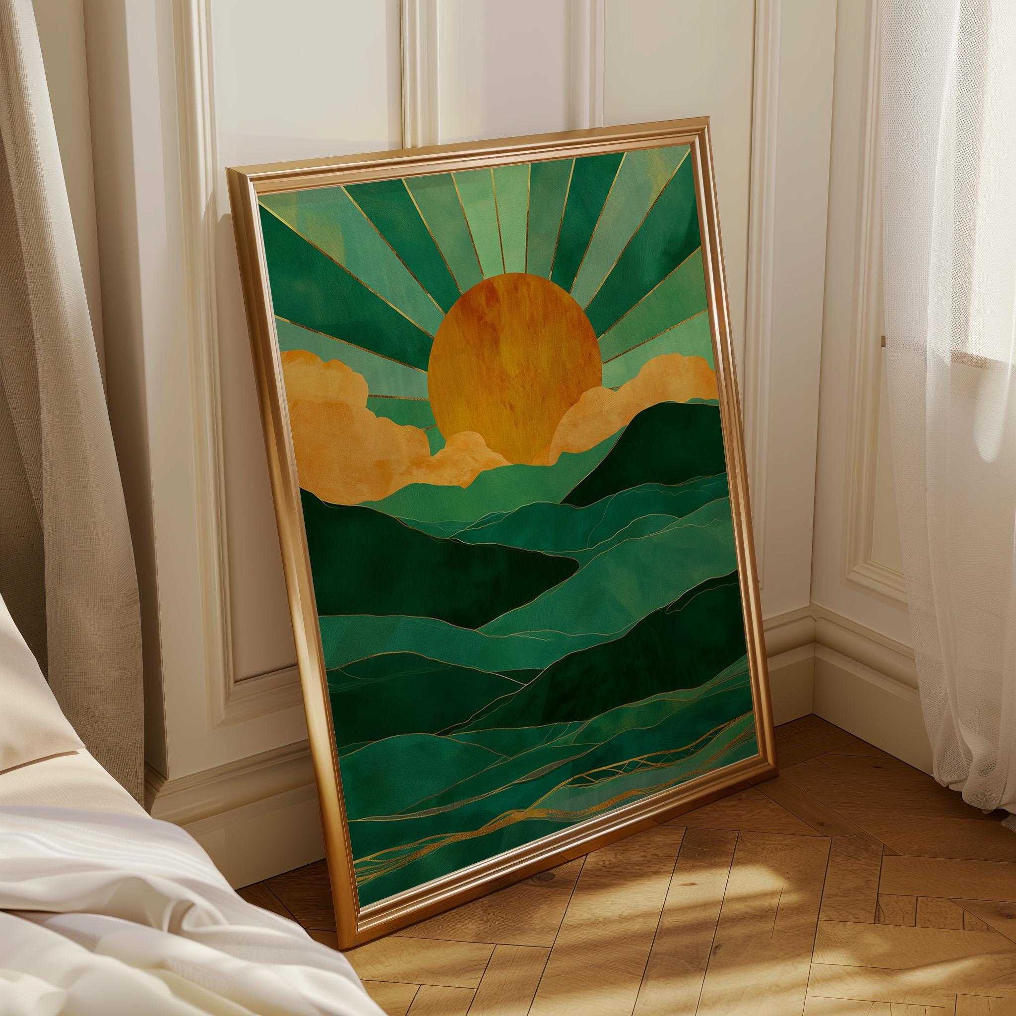 Emerald Green Mountain Sunrise Art Deco Landscape Wall Art by The Wall Art Studio