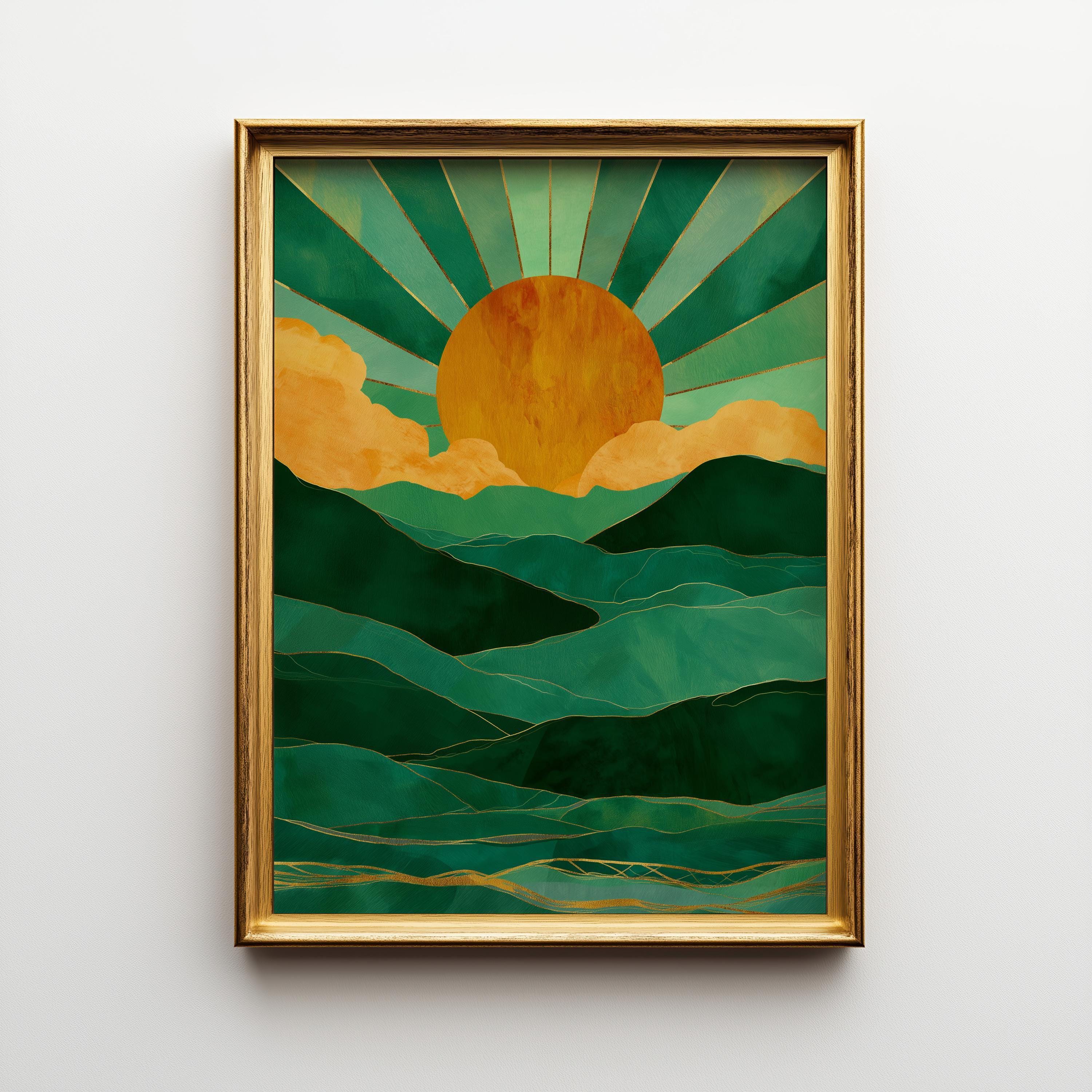 Emerald Green Mountain Sunrise Art Deco Landscape Wall Art by The Wall Art Studio
