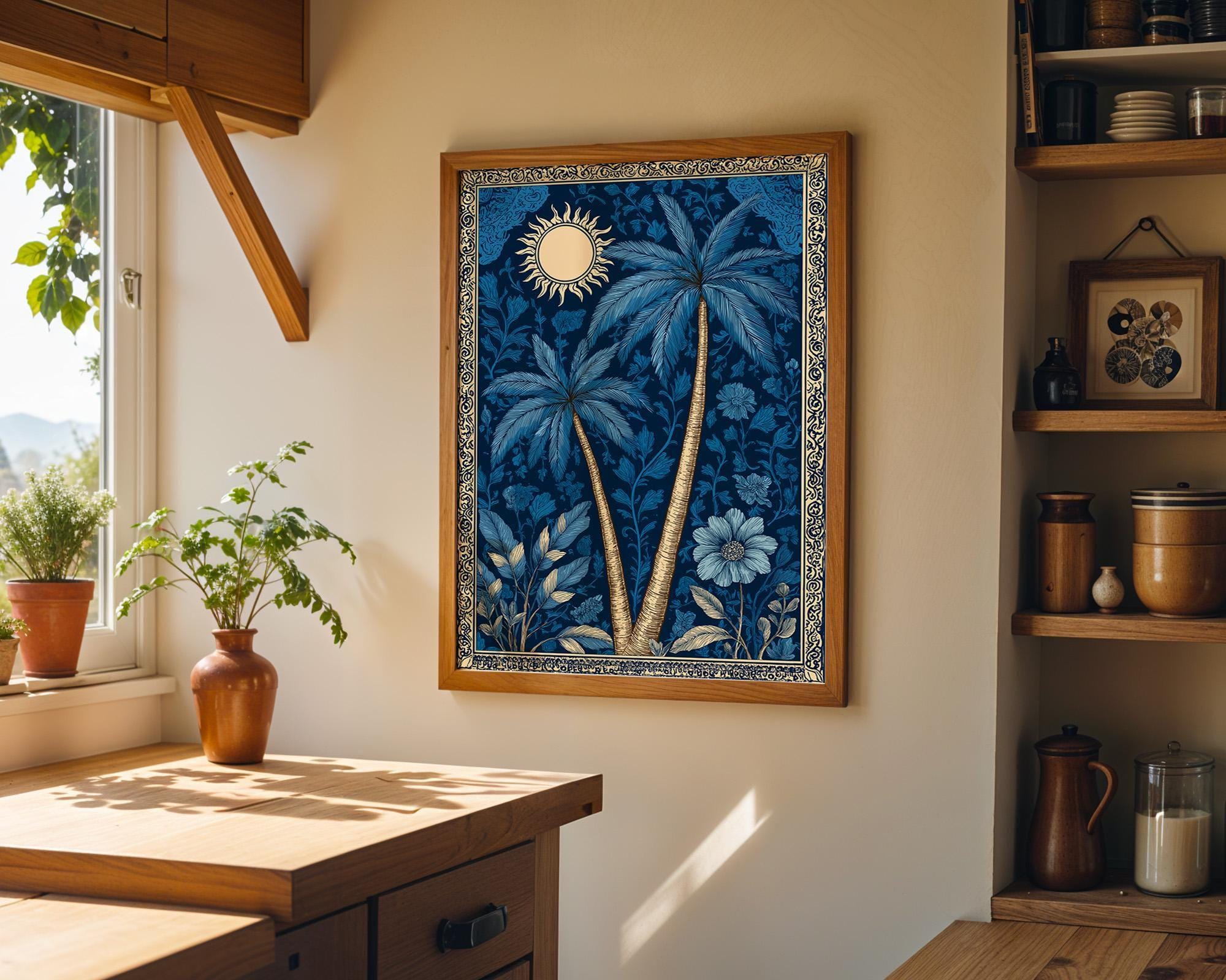 Palm Tree Sun Tropical Celestial Art Nouveau Botanical Wall Art by The Wall Art Studio
