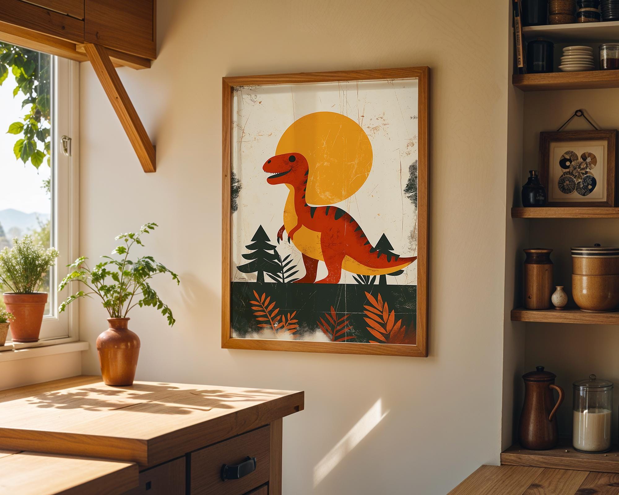 Retro Dinosaur Neutral Nursery Dino Scandinavian Kids Wall Art by The Wall Art Studio