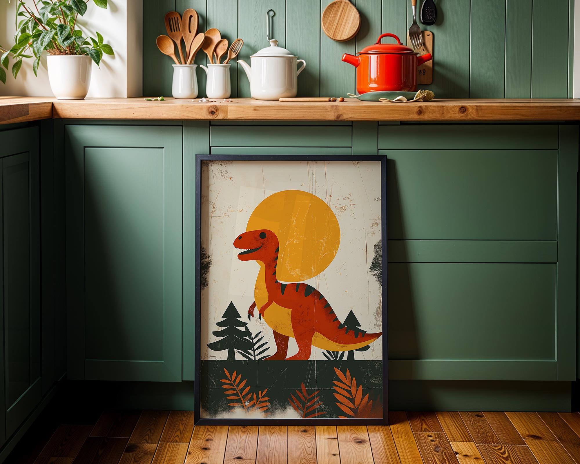 Retro Dinosaur Neutral Nursery Dino Scandinavian Kids Wall Art by The Wall Art Studio