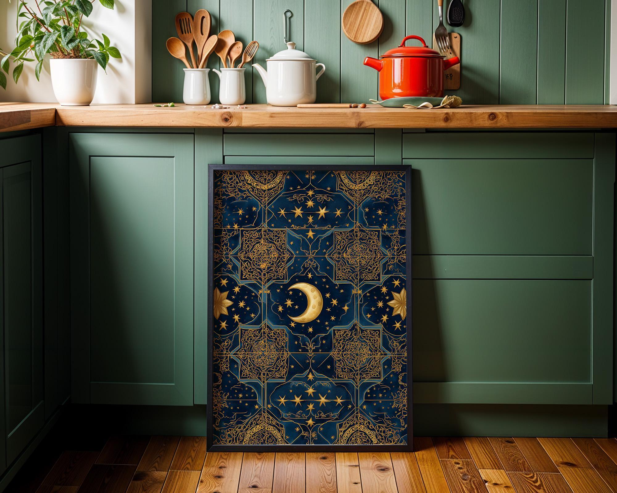 Islamic Star Moon Blue & Gold Arabic Pattern Wall Art by The Wall Art Studio