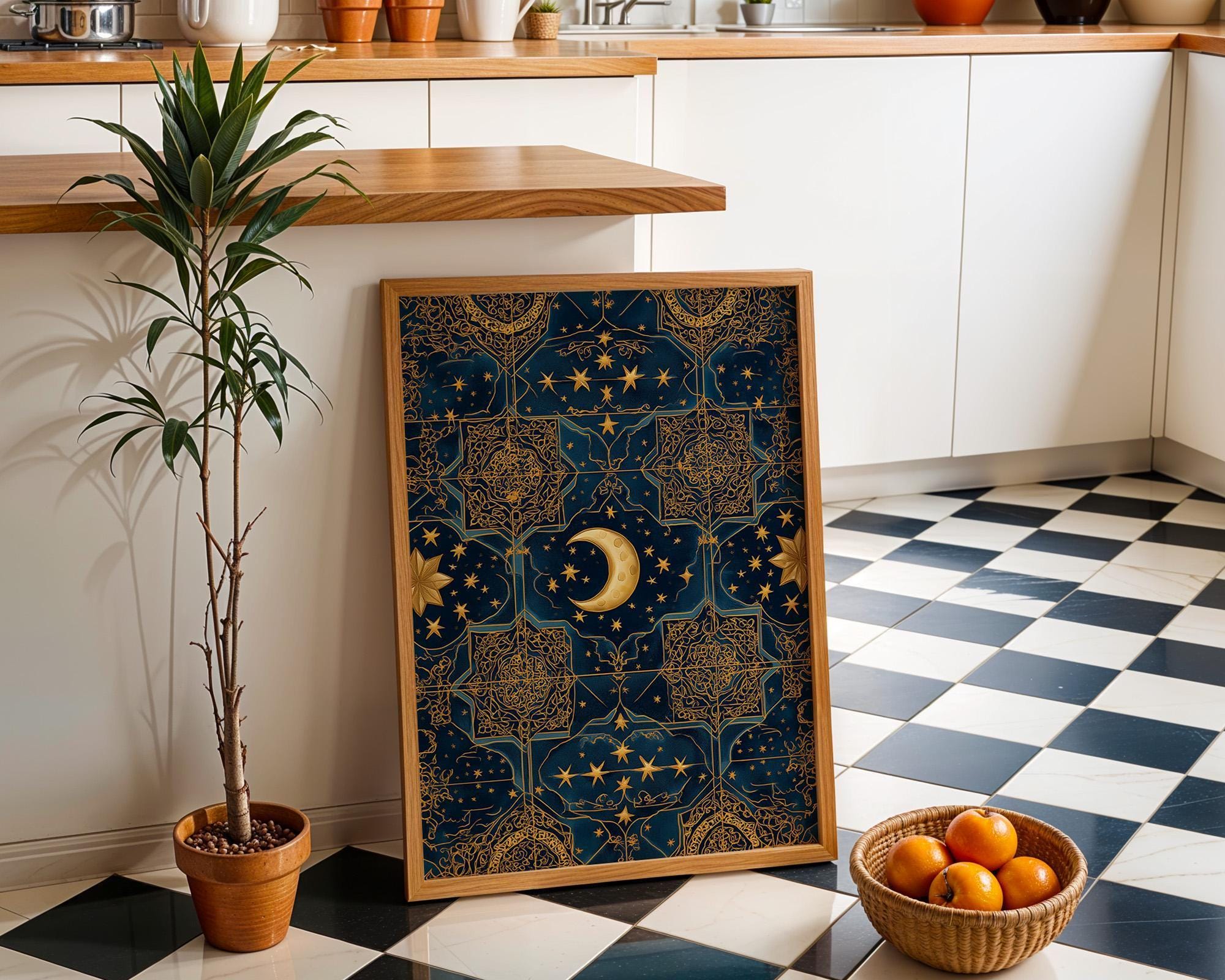 Islamic Star Moon Blue & Gold Arabic Pattern Wall Art by The Wall Art Studio
