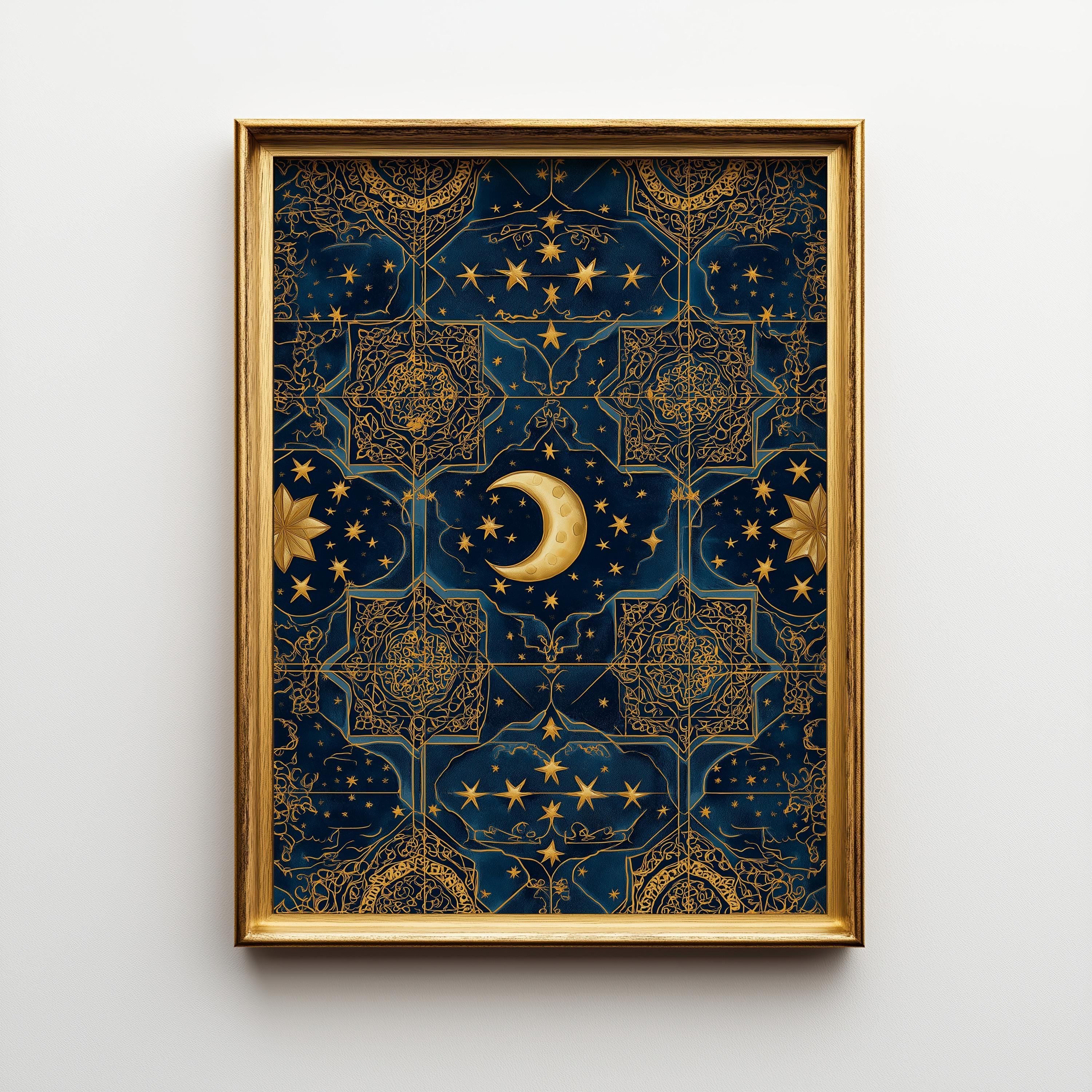 Islamic Star Moon Blue & Gold Arabic Pattern Wall Art by The Wall Art Studio