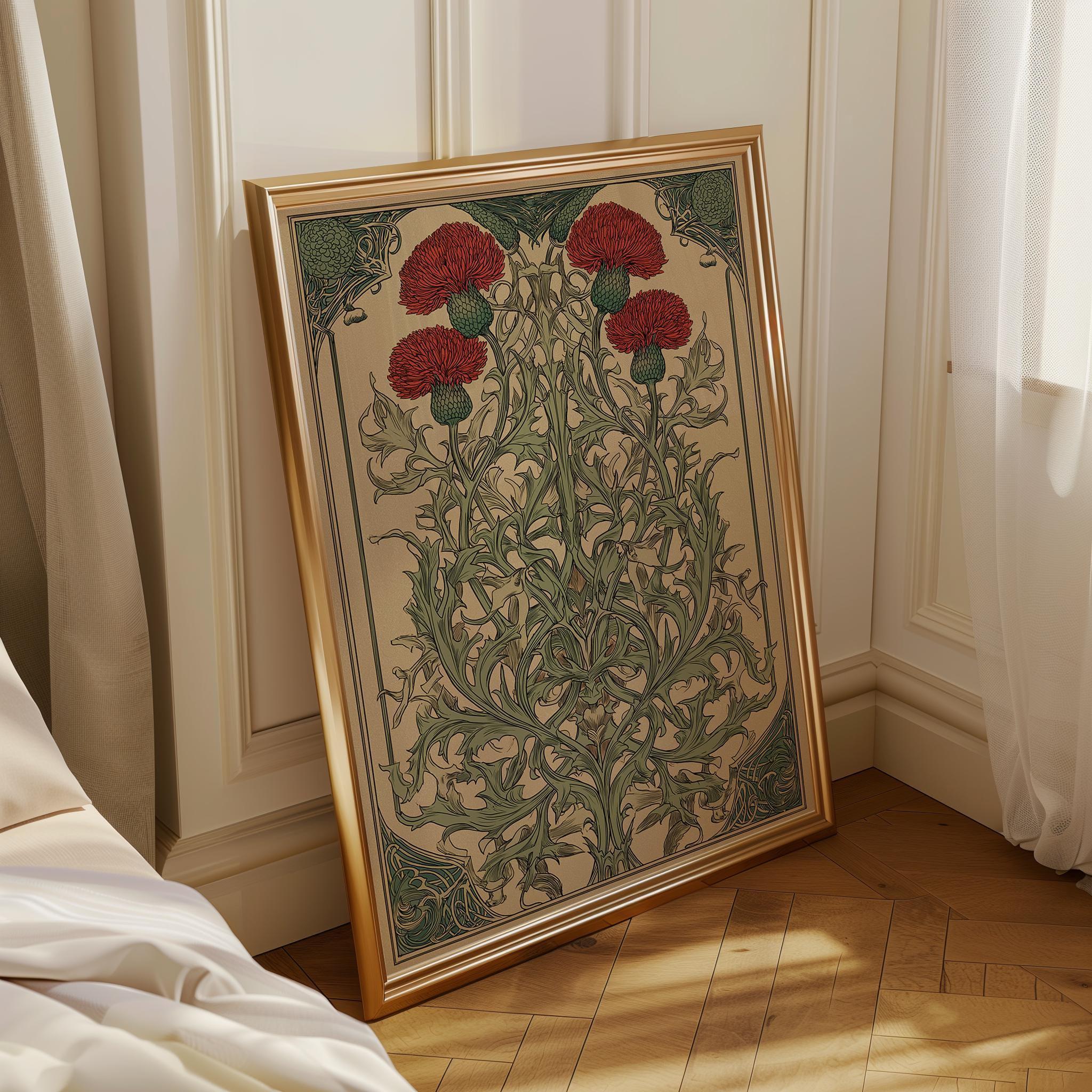 Art Nouveau Thistle Botanical William Morris Style Floral  Vintage Botanical Wall Art